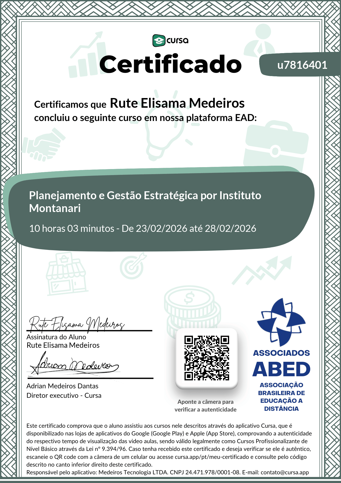 Imagem do meu Certificado gratuito de conclusão de curso.