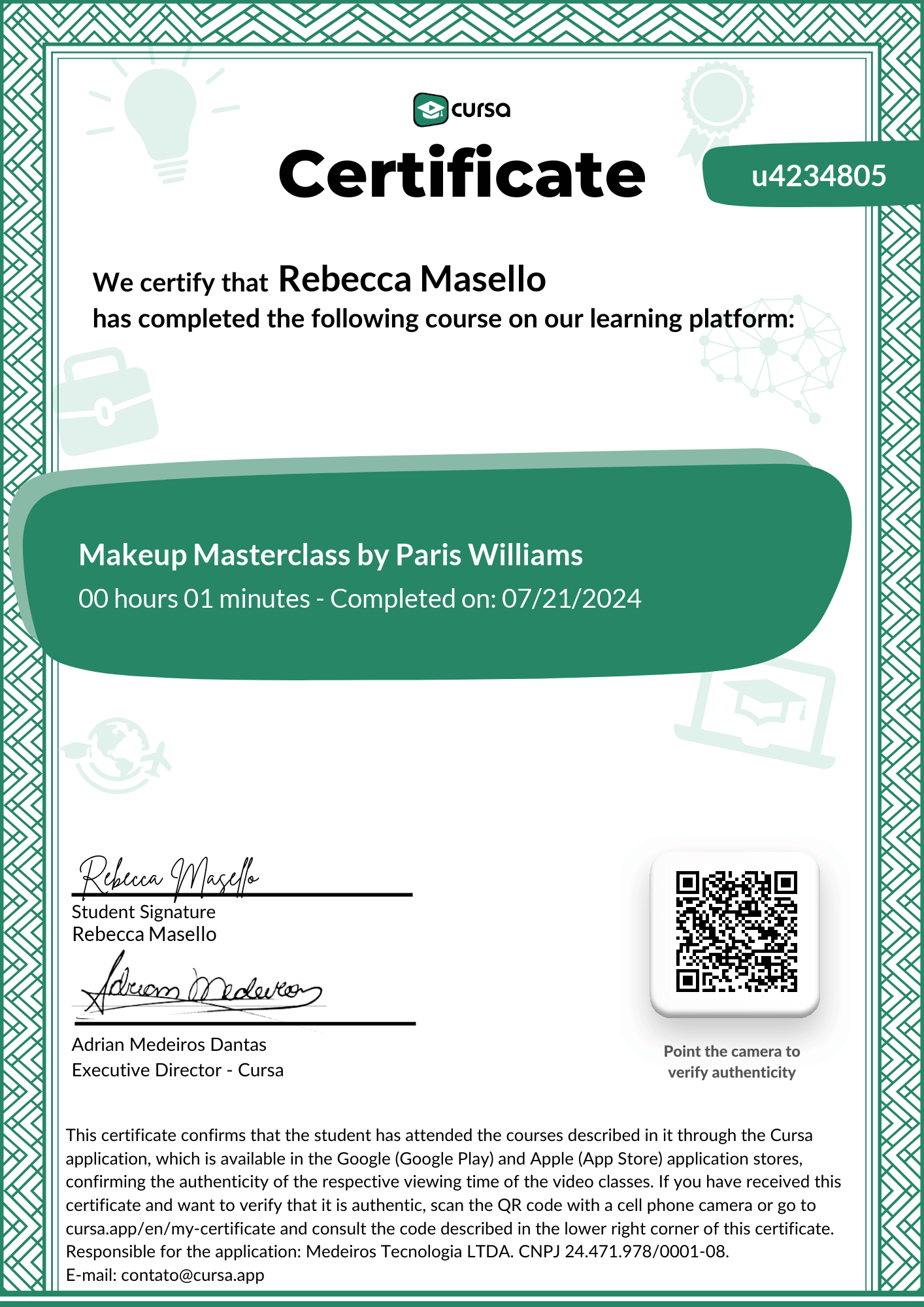 Image of my free Course Completion Certificate.