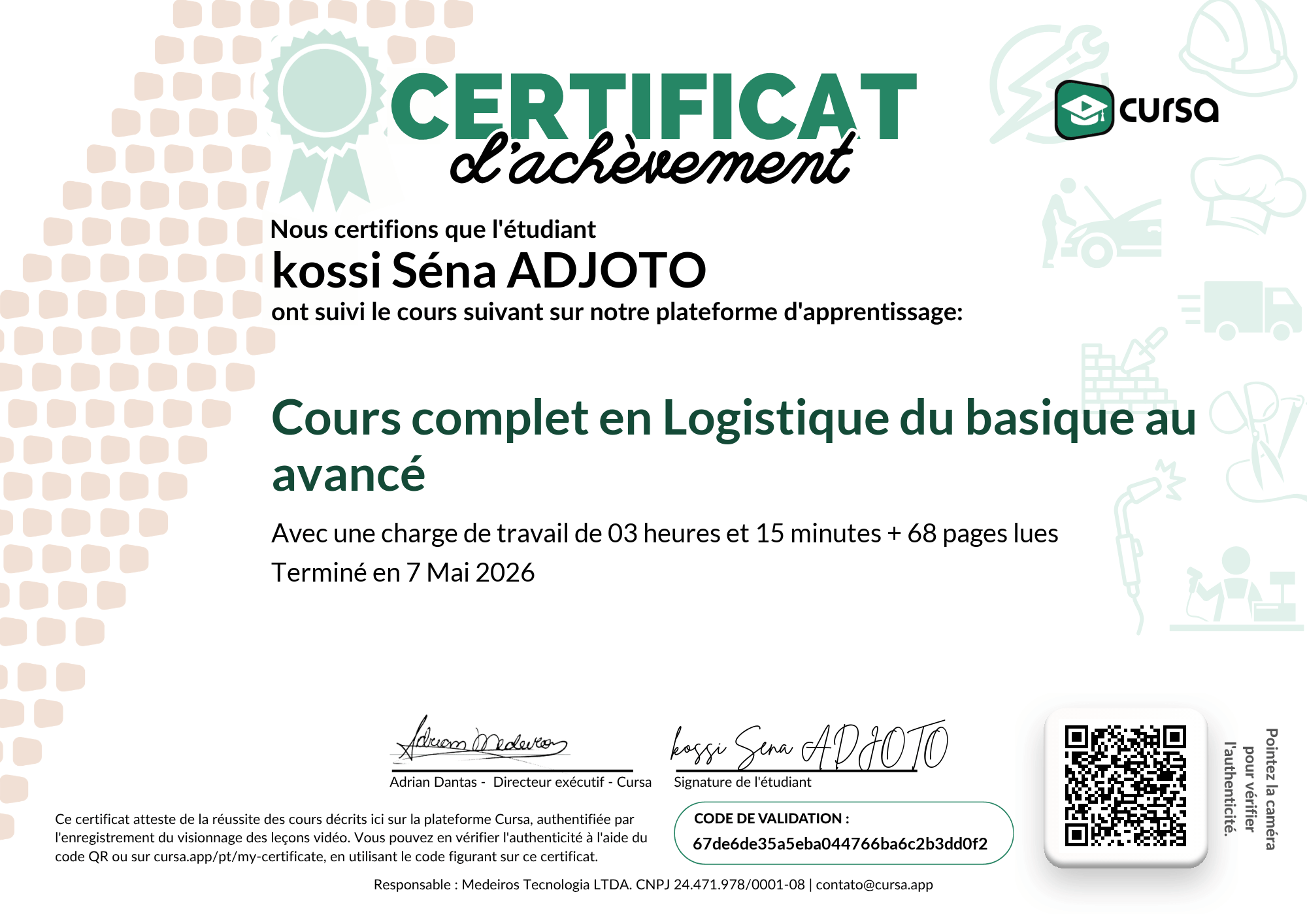 Image de mon certificat de fin de cours gratuit.