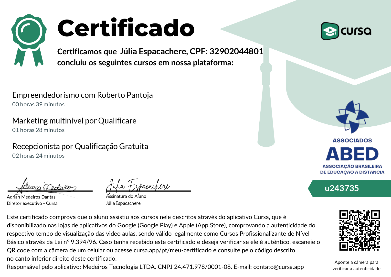 Imagem do meu Certificado gratuito de conclusão de curso.