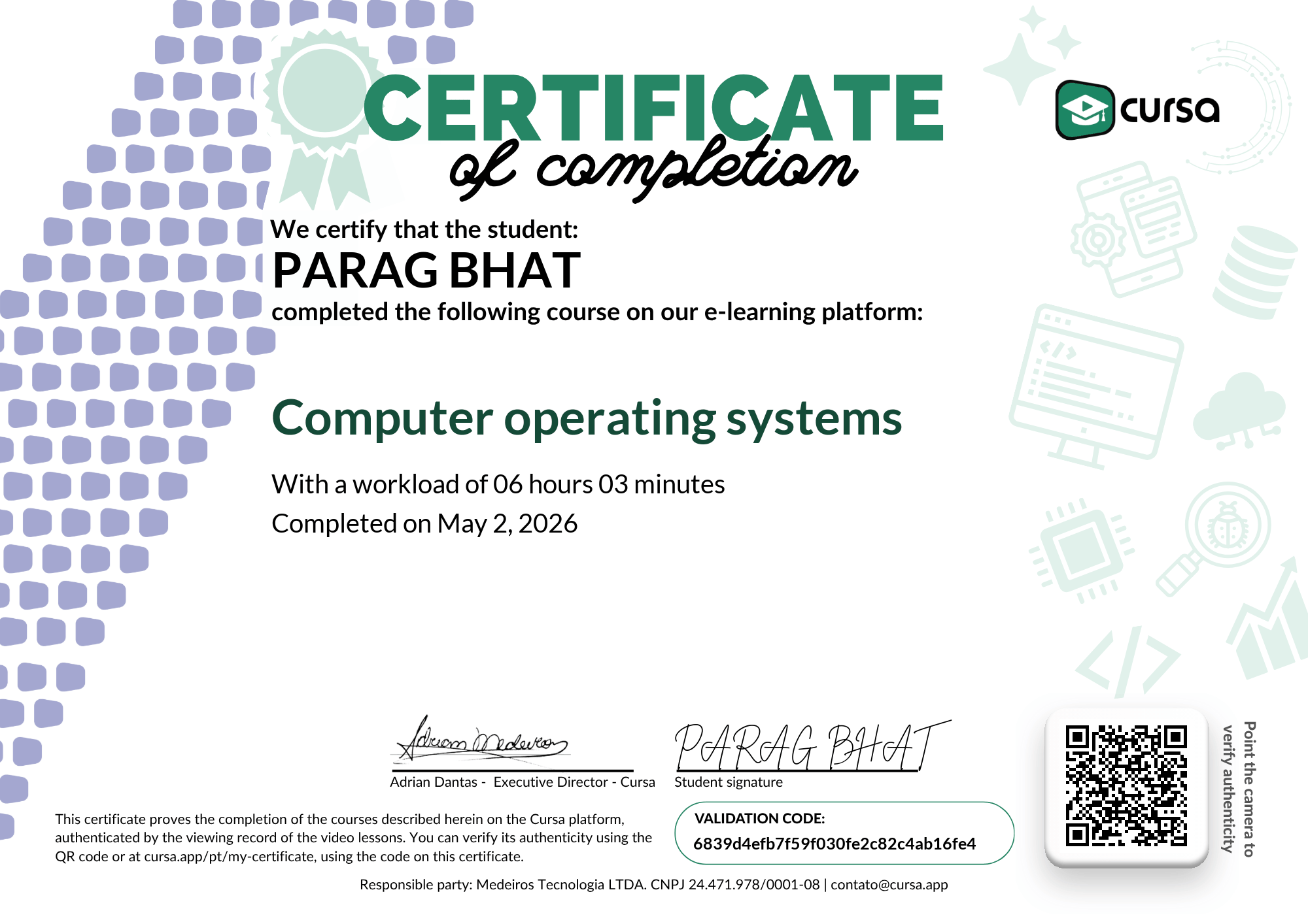 Image of my free Course Completion Certificate.