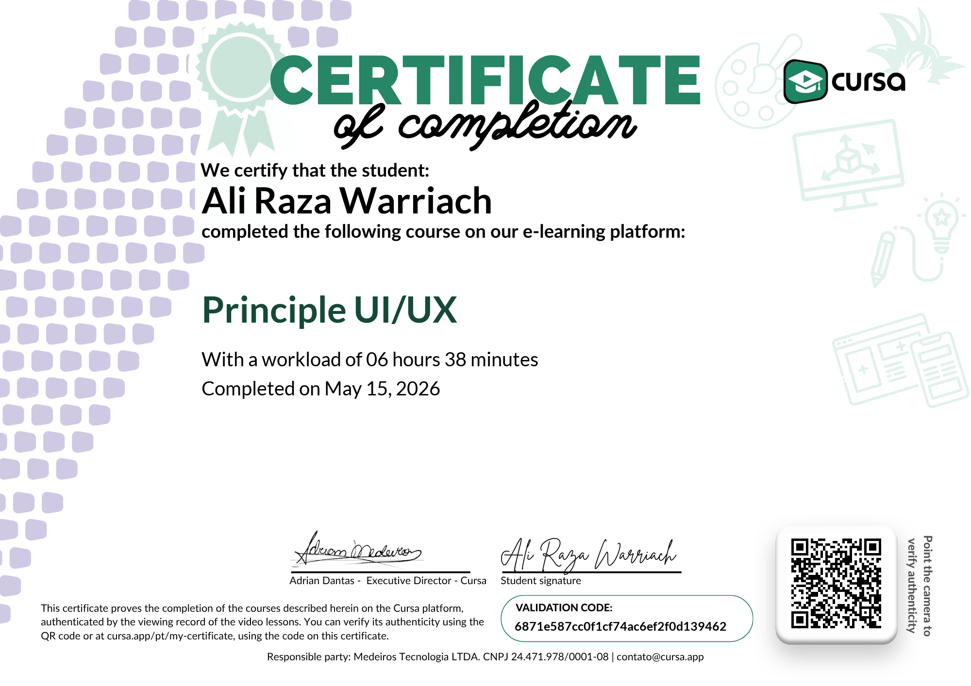 Image of my free Course Completion Certificate.