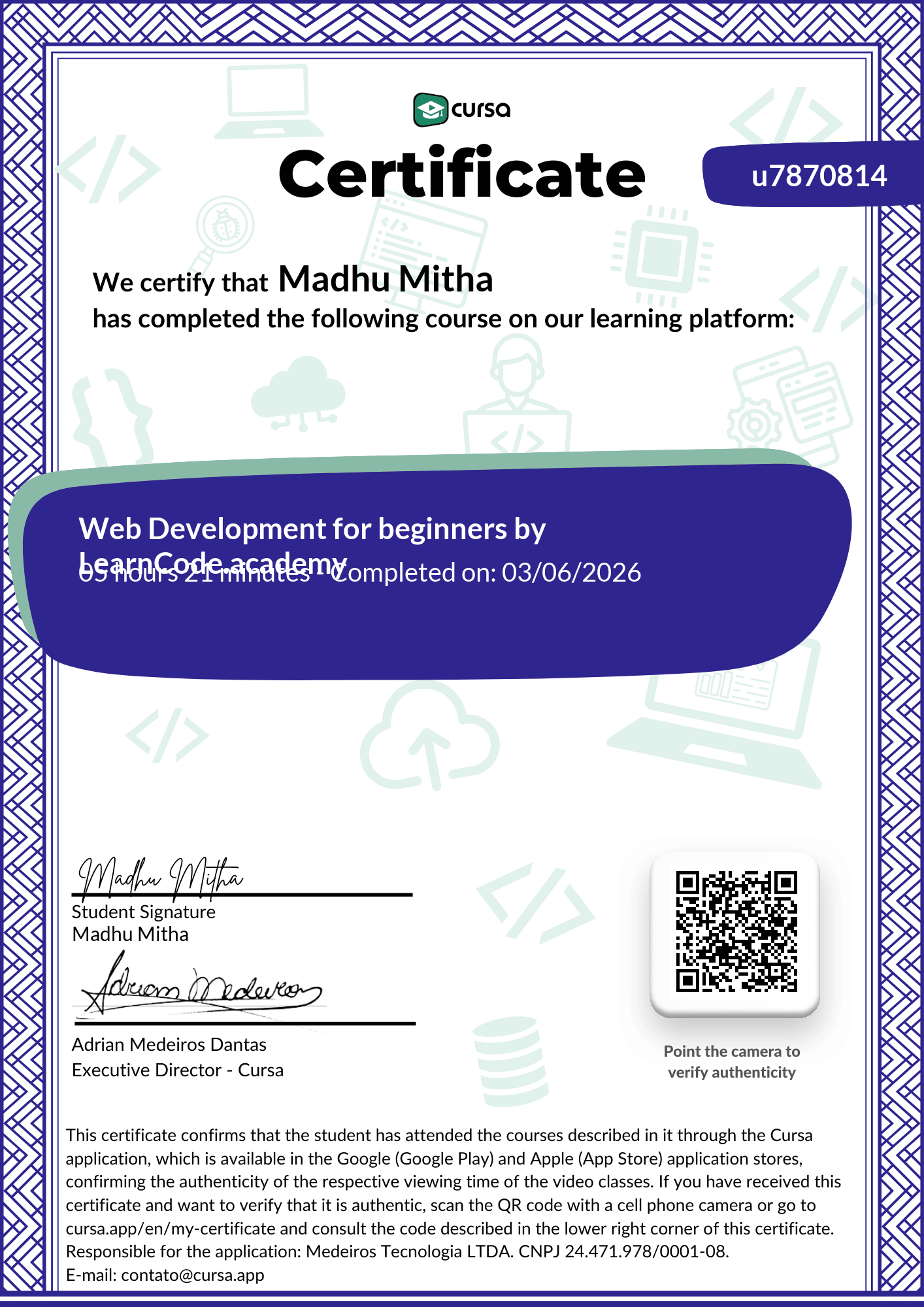 Image of my free Course Completion Certificate.
