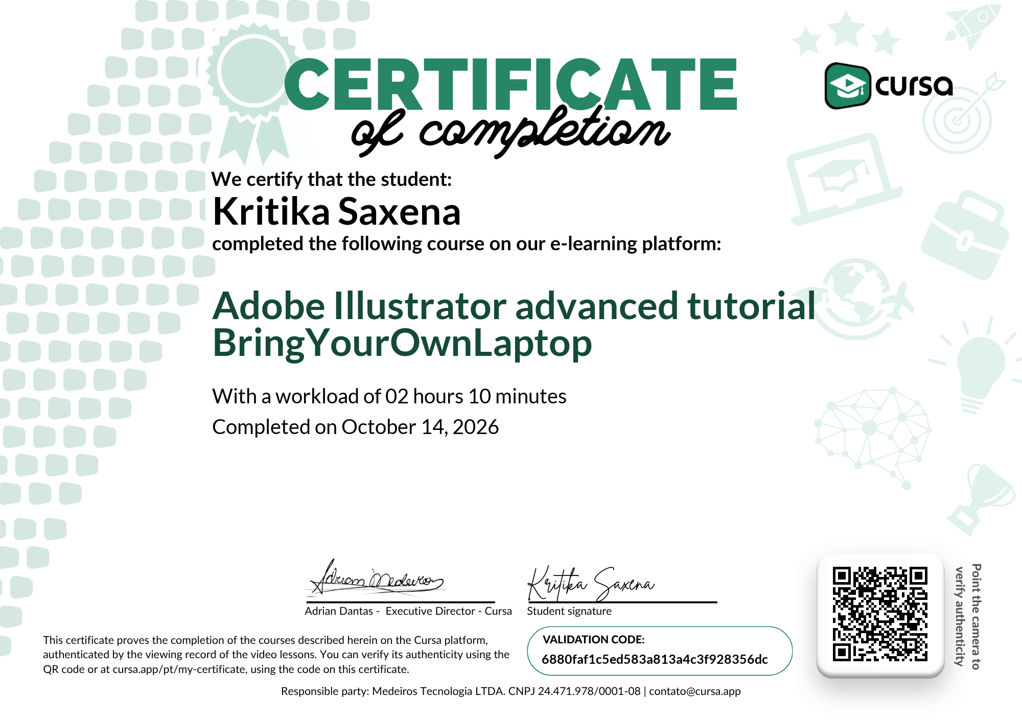 Image of my free Course Completion Certificate.