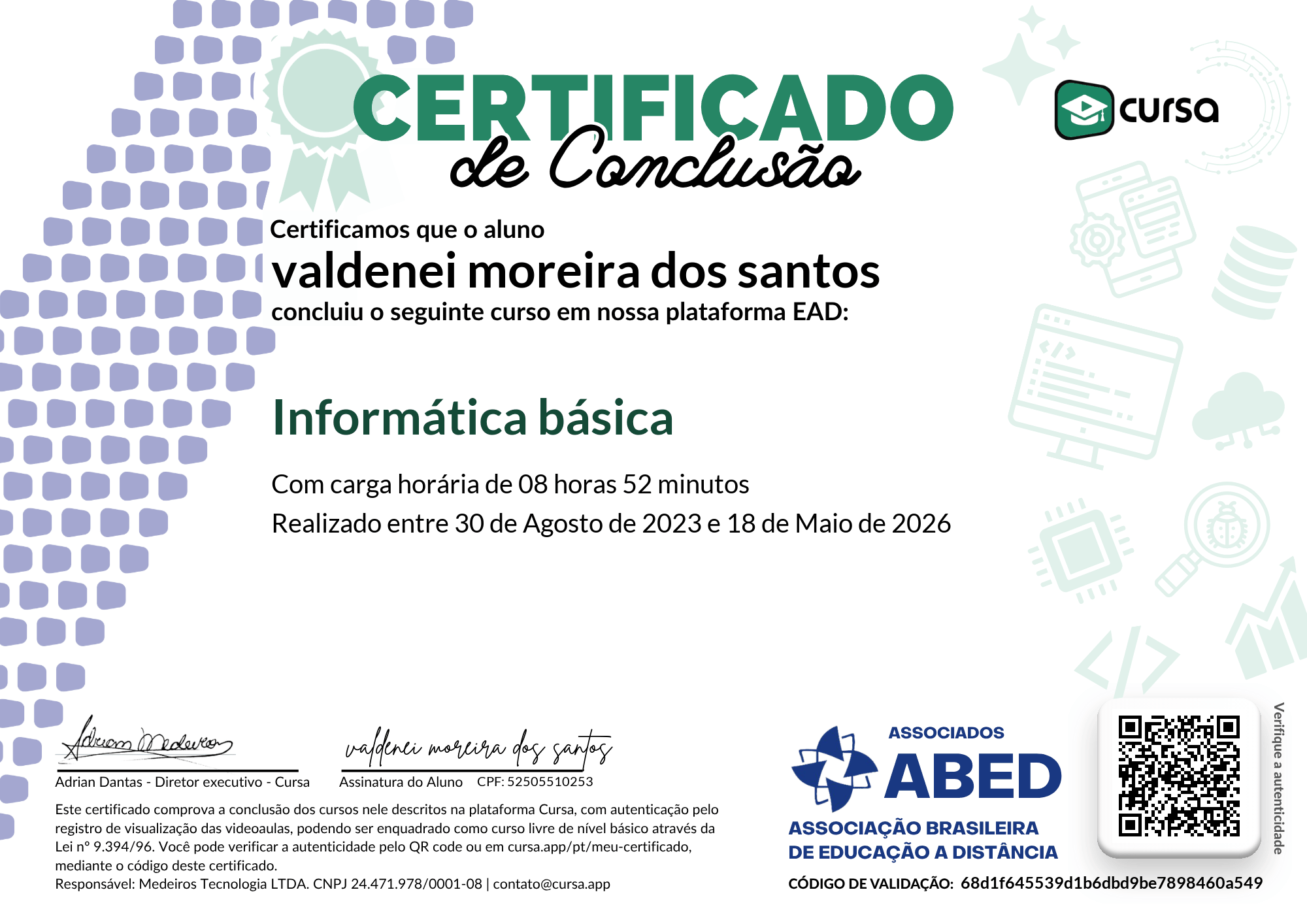Imagem do meu Certificado gratuito de conclusão de curso.