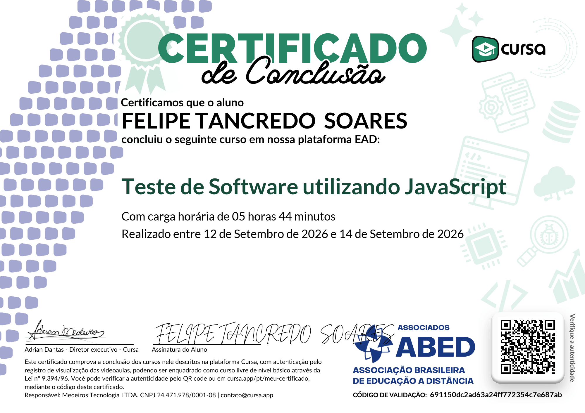 Imagem do meu Certificado gratuito de conclusão de curso.