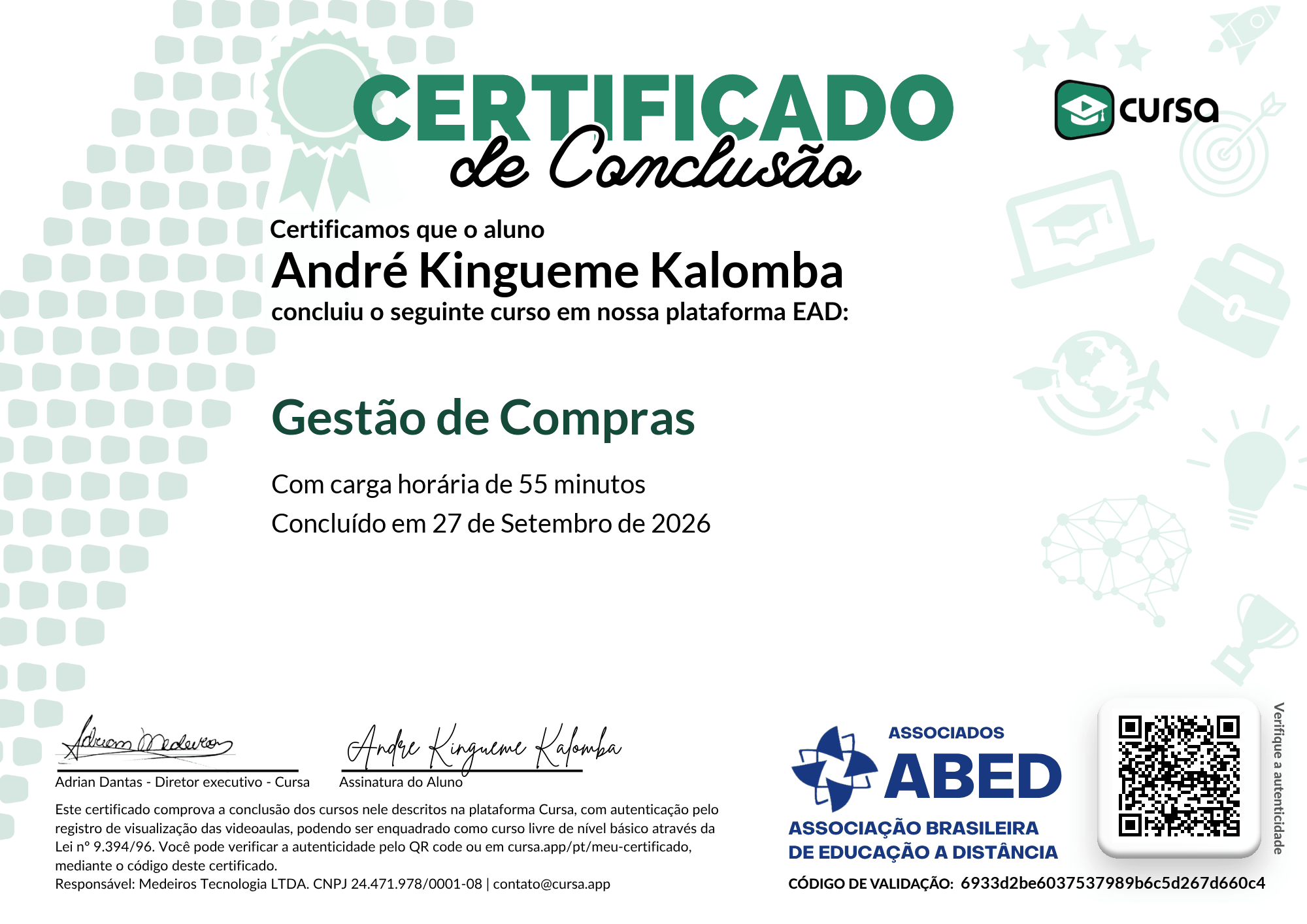 Imagem do meu Certificado gratuito de conclusão de curso.