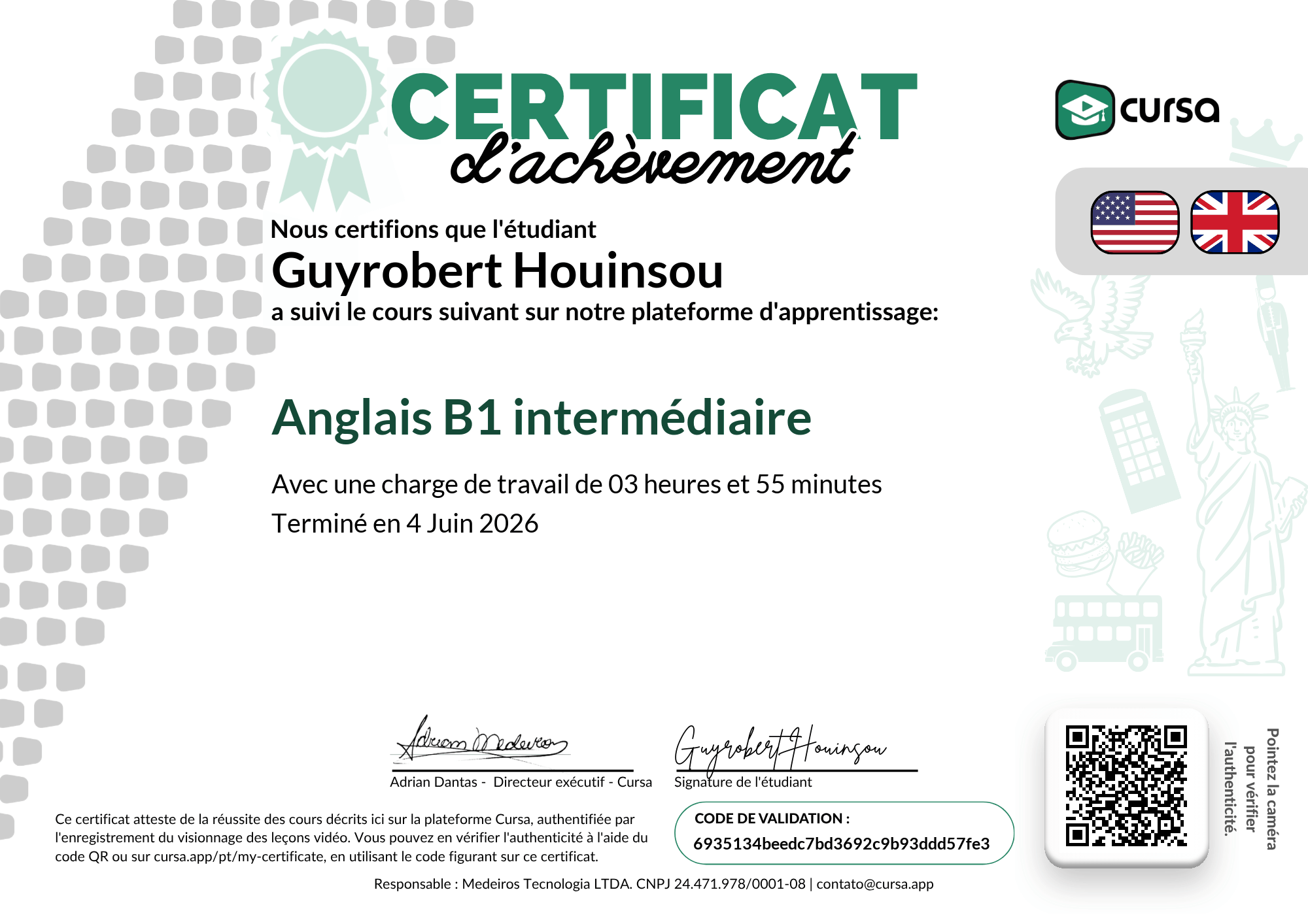 Image de mon certificat de fin de cours gratuit.