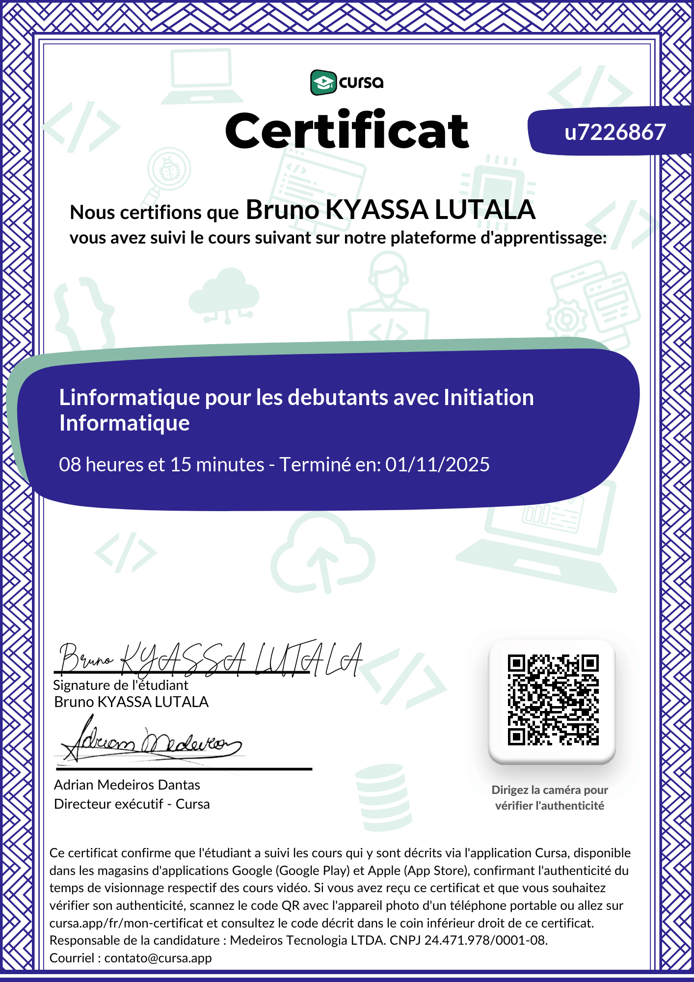 Image de mon certificat de fin de cours gratuit.