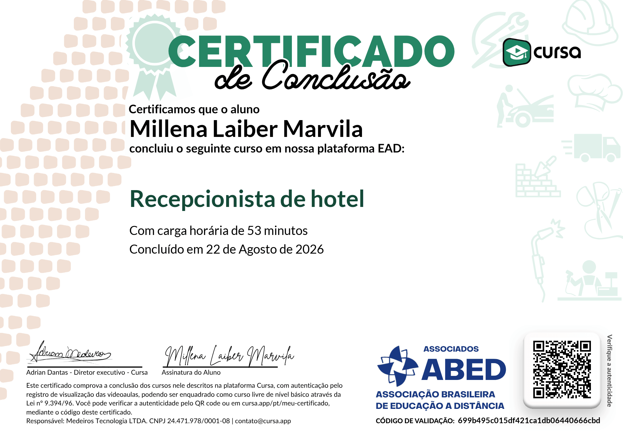 Imagem do meu Certificado gratuito de conclusão de curso.