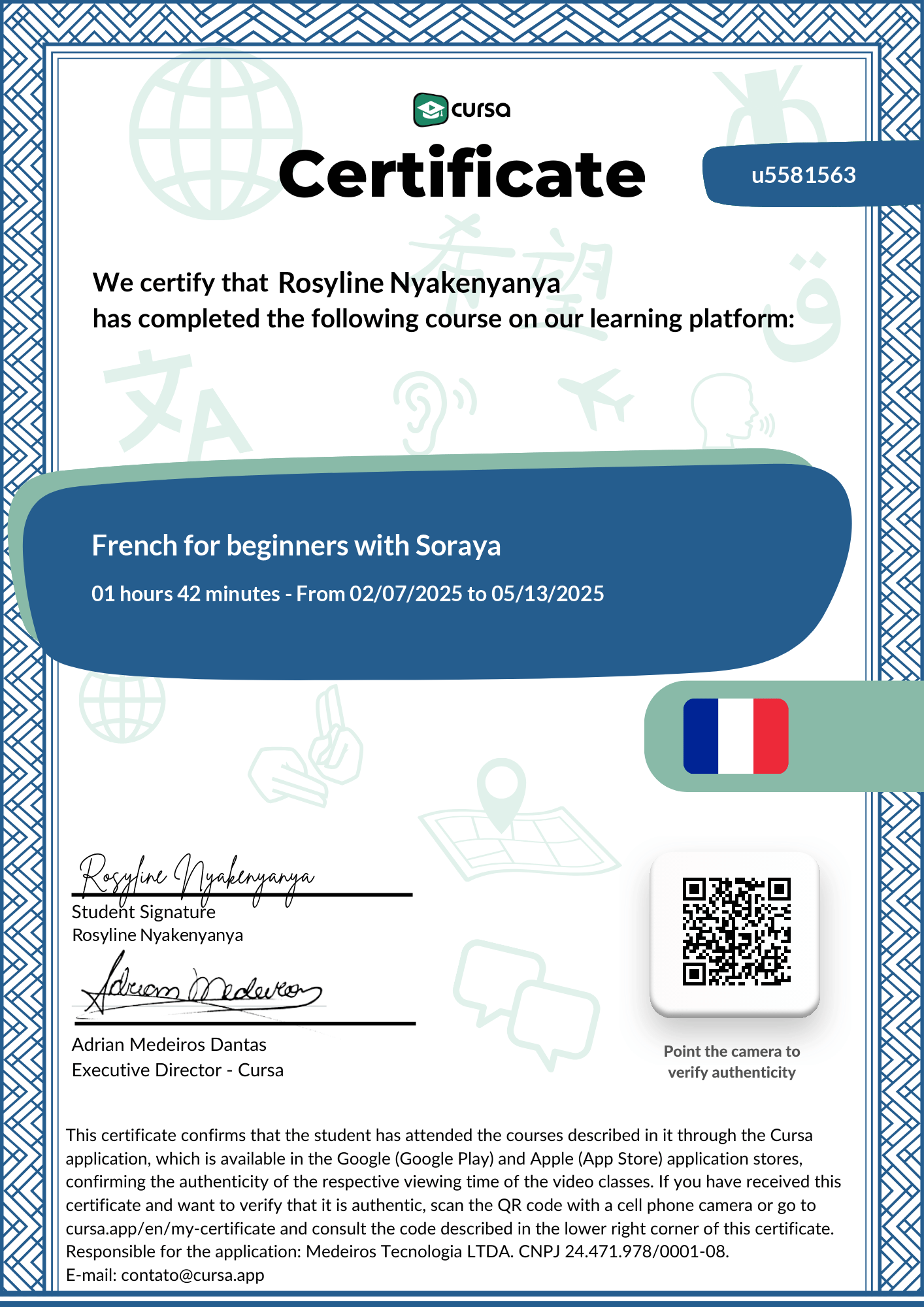 Image of my free Course Completion Certificate.