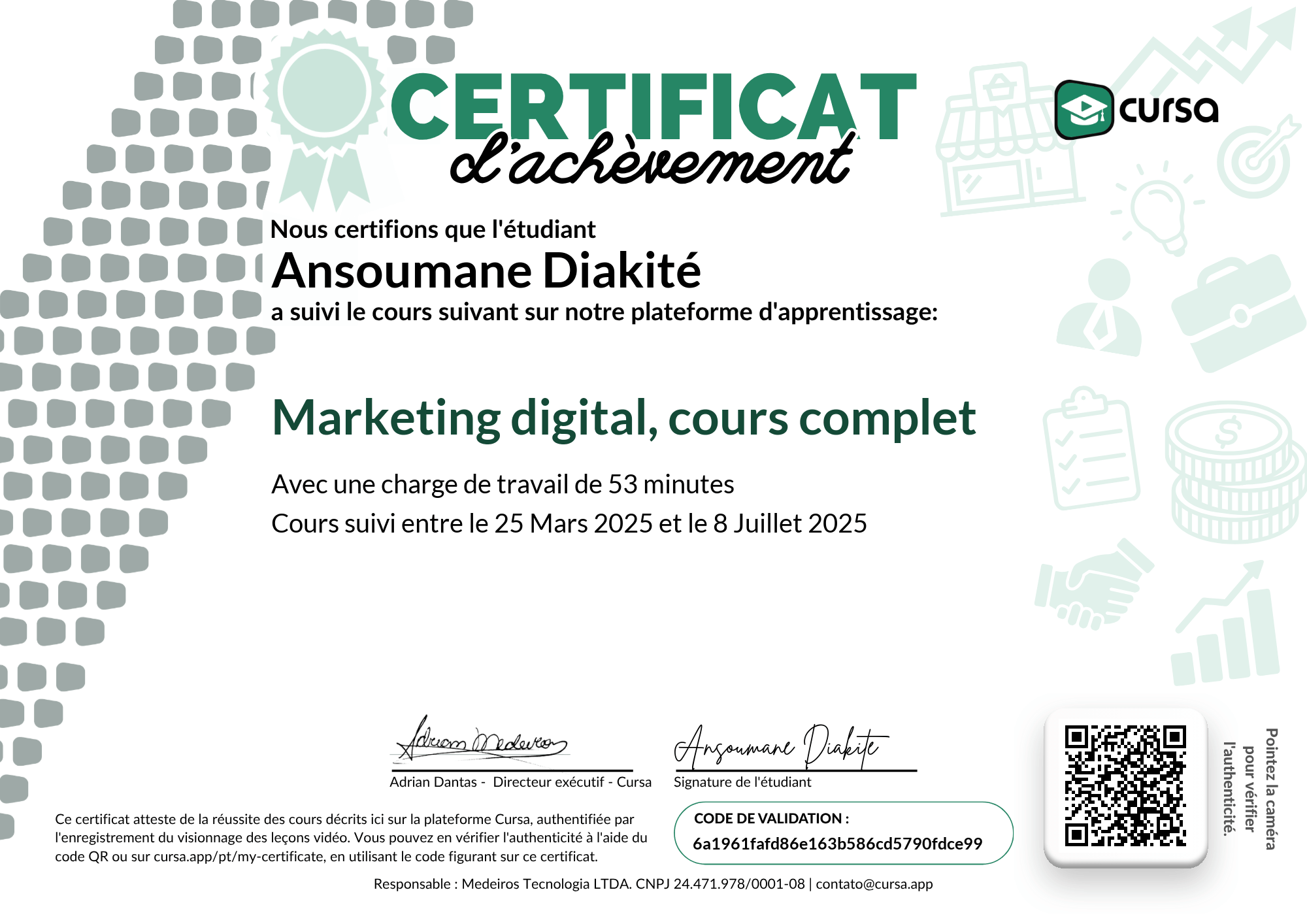 Image de mon certificat de fin de cours gratuit.