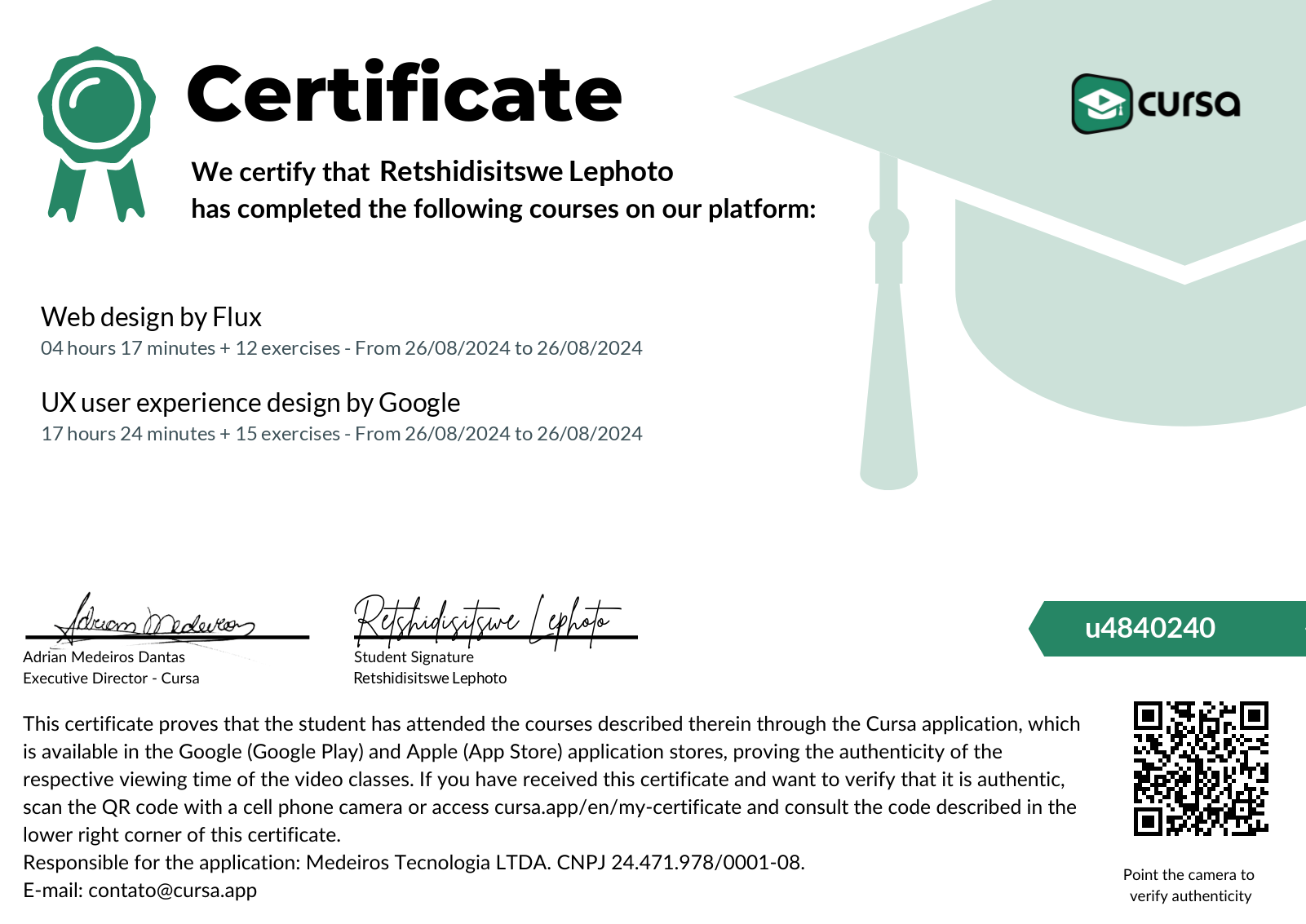 Image of my free Course Completion Certificate.