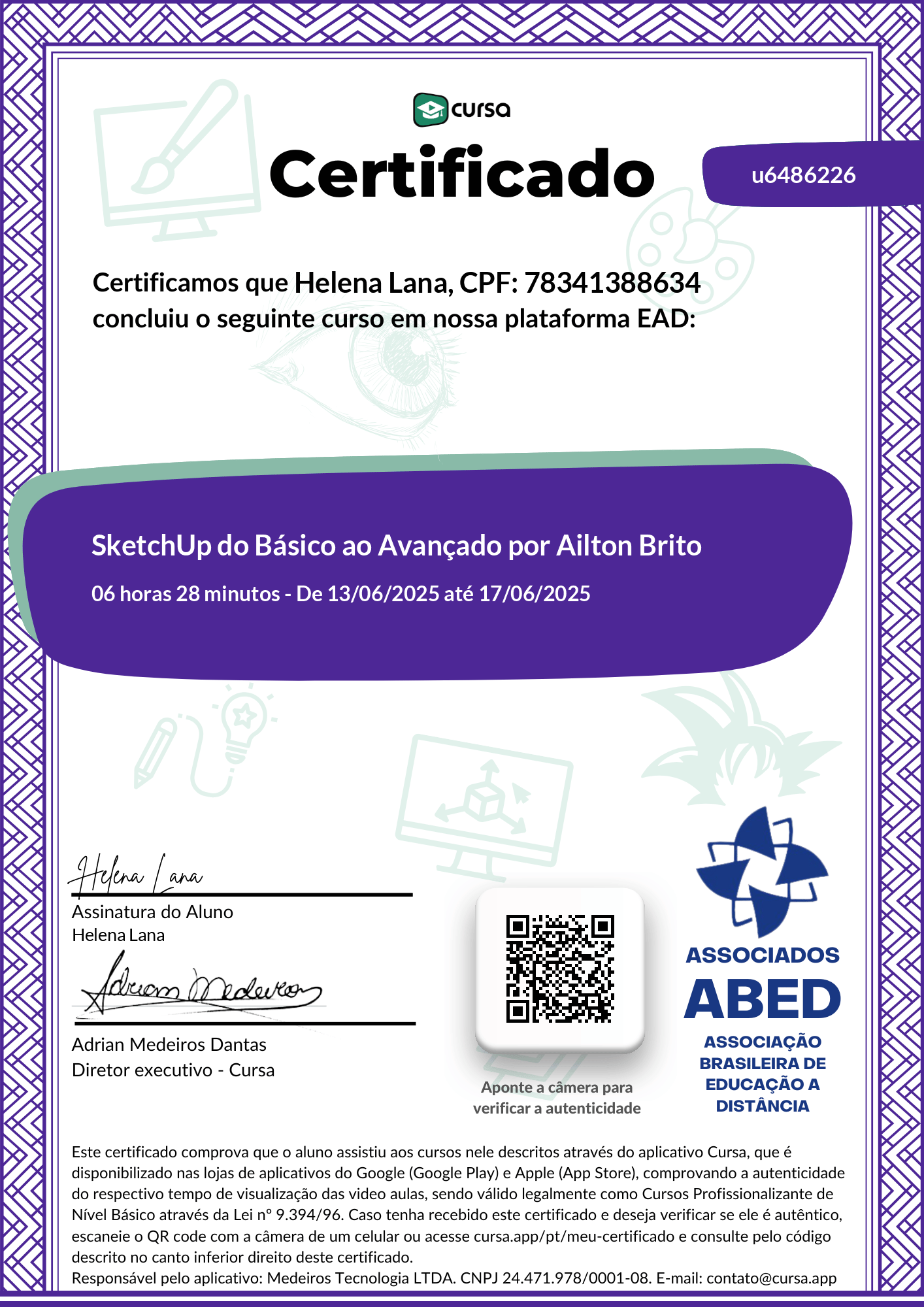 Imagem do meu Certificado gratuito de conclusão de curso.