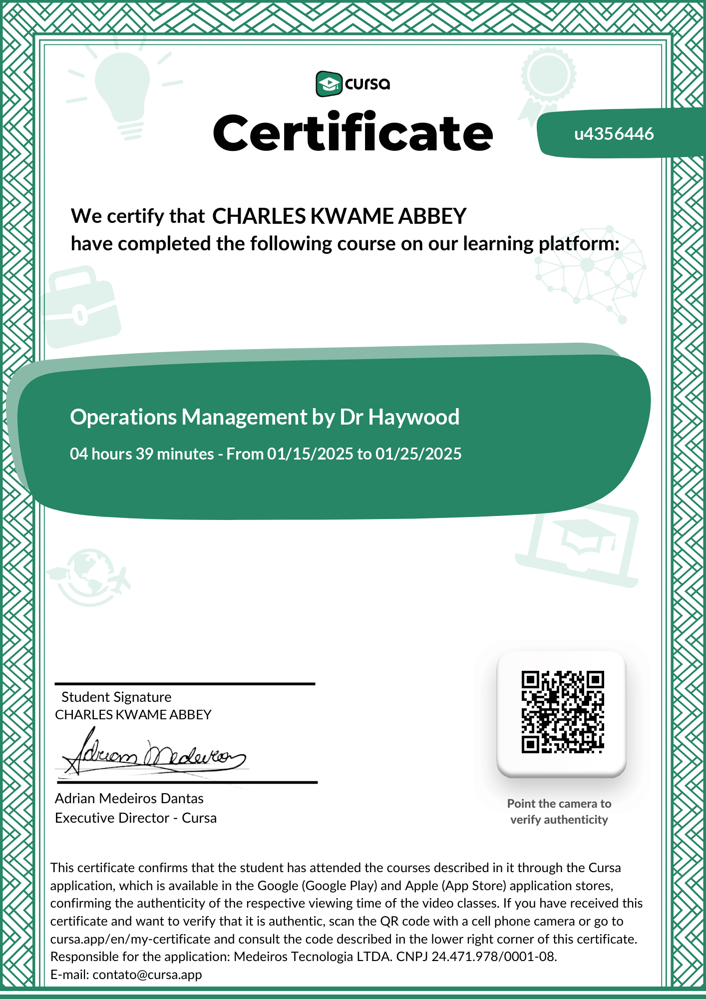 Image of my free Course Completion Certificate.