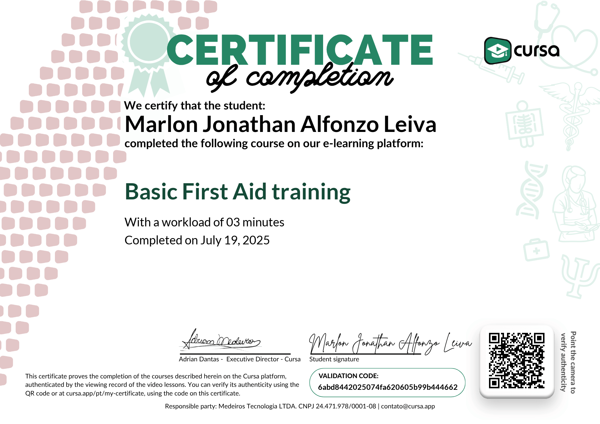 Image of my free Course Completion Certificate.