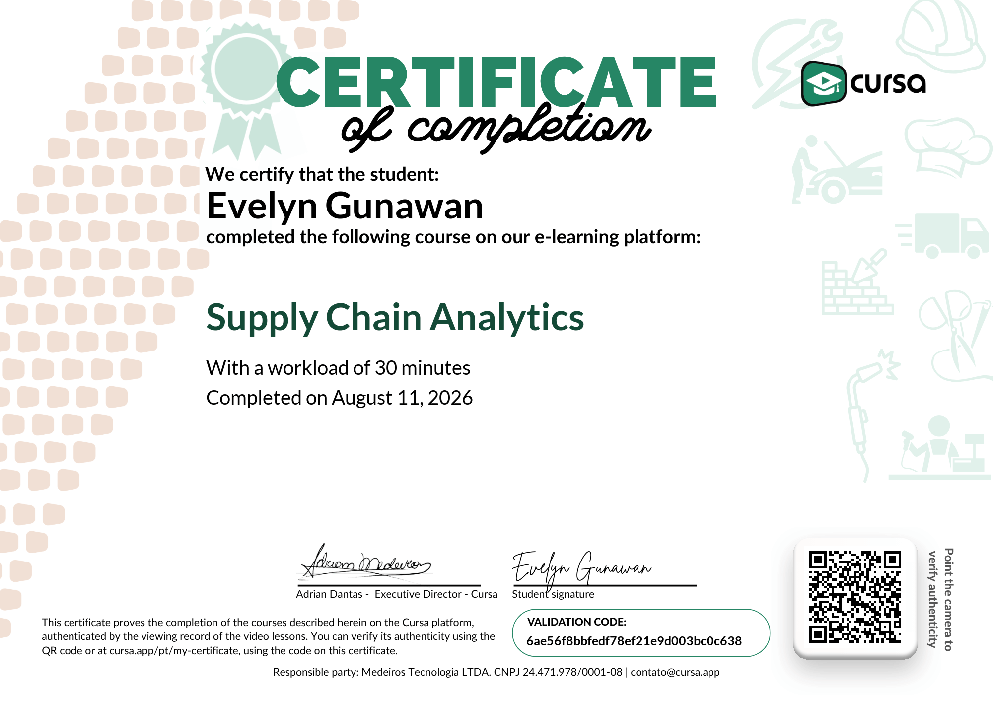 Image of my free Course Completion Certificate.