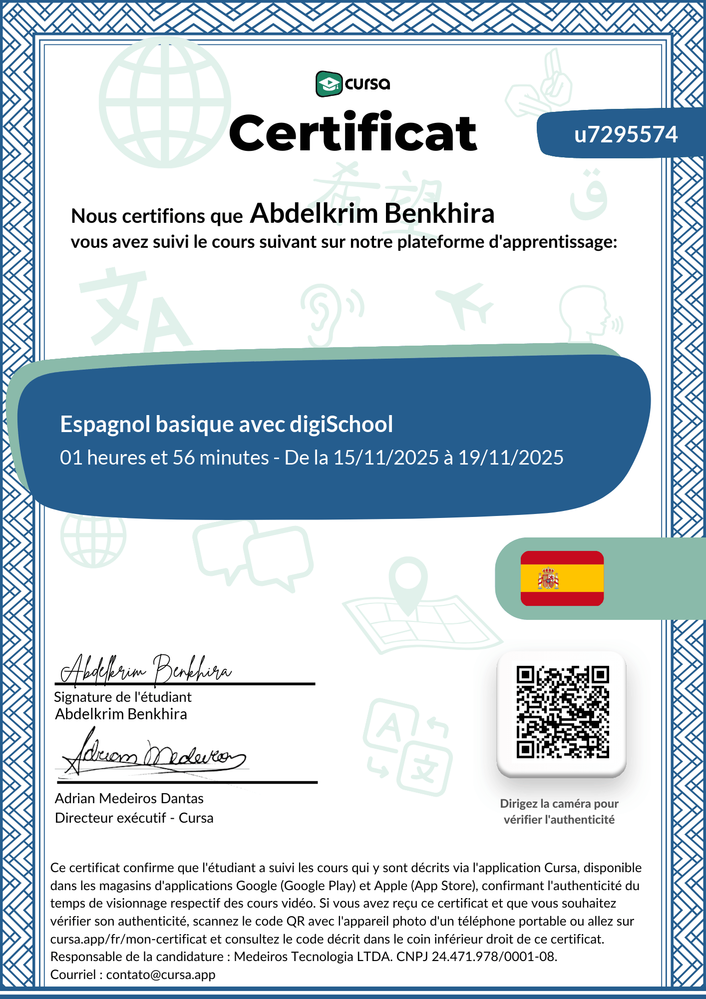 Image de mon certificat de fin de cours gratuit.