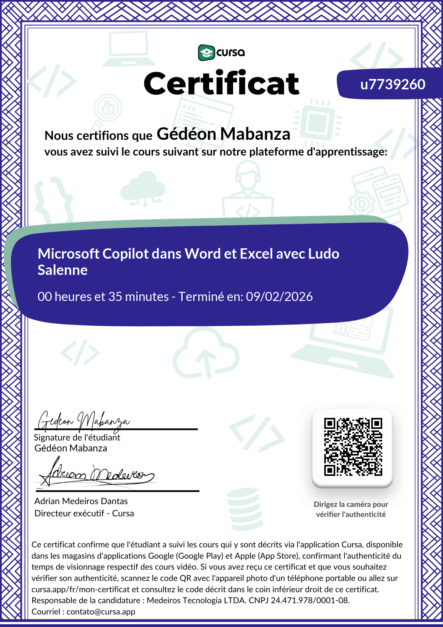 Image de mon certificat de fin de cours gratuit.