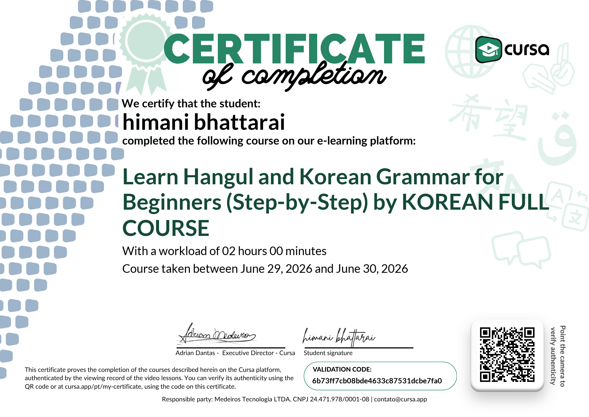 Image of my free Course Completion Certificate.