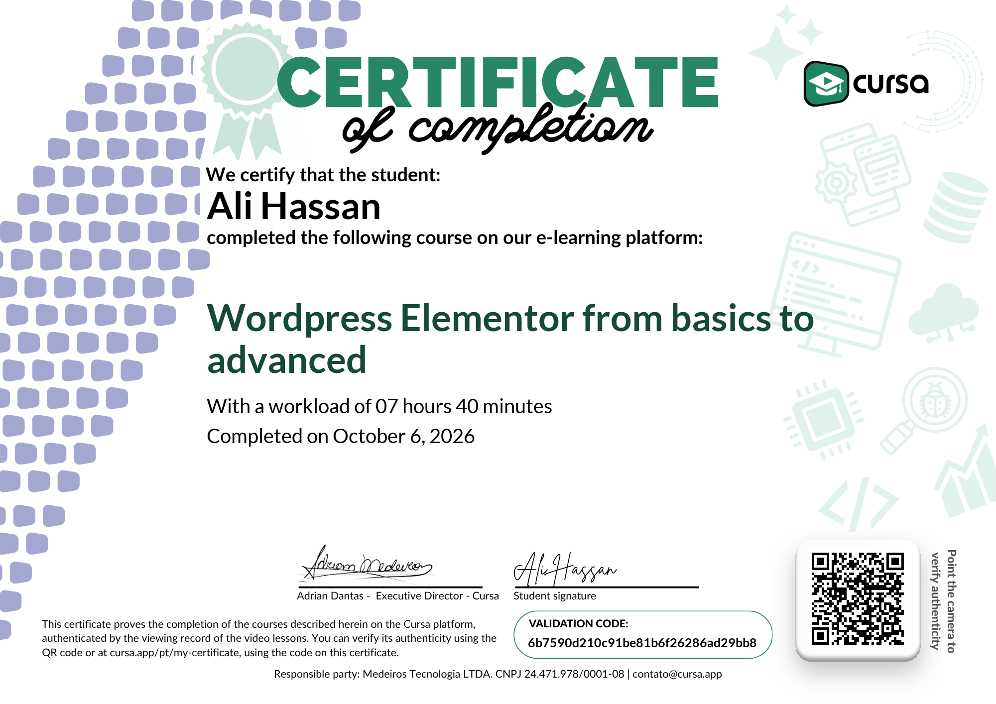 Image of my free Course Completion Certificate.