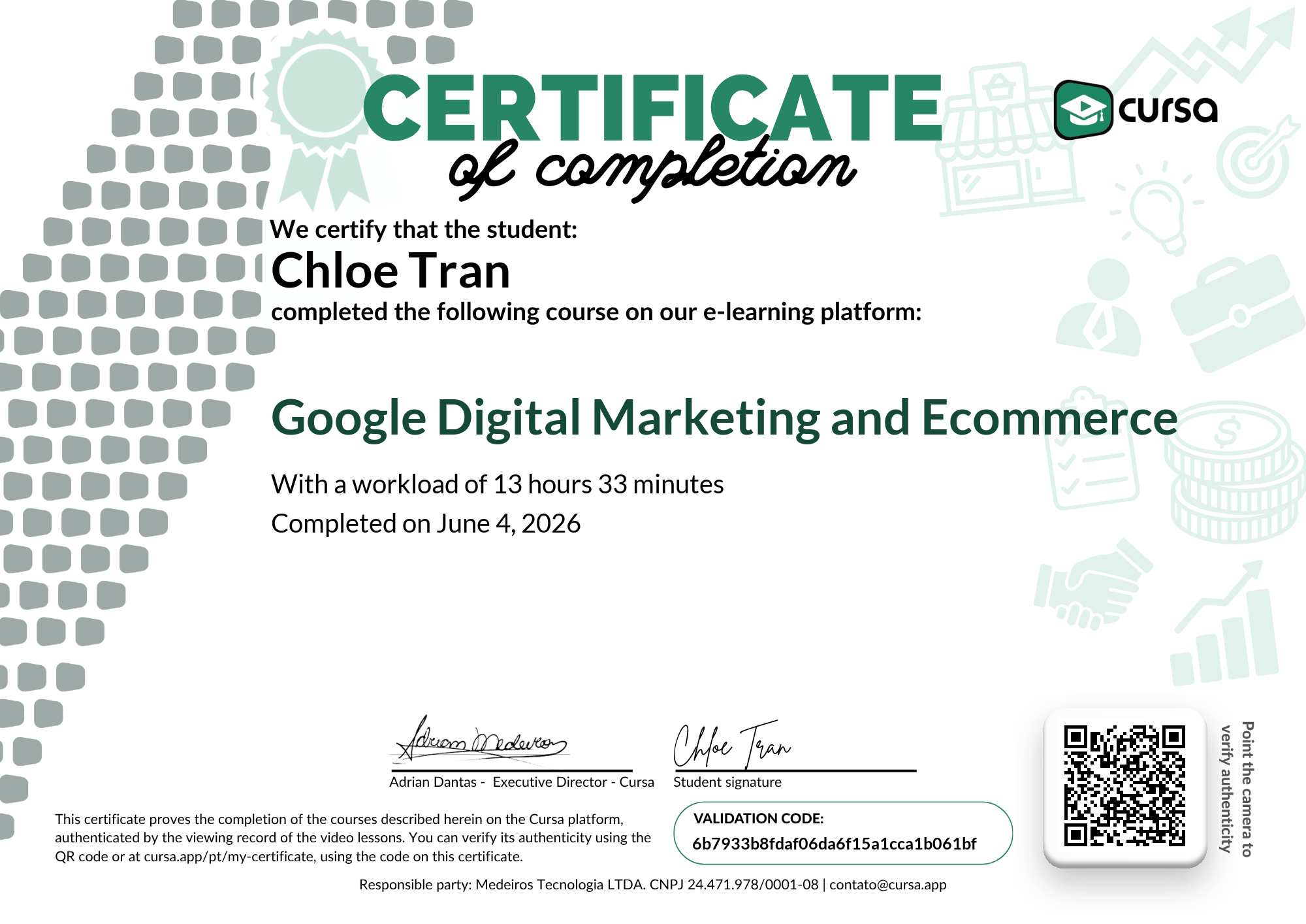 Image of my free Course Completion Certificate.