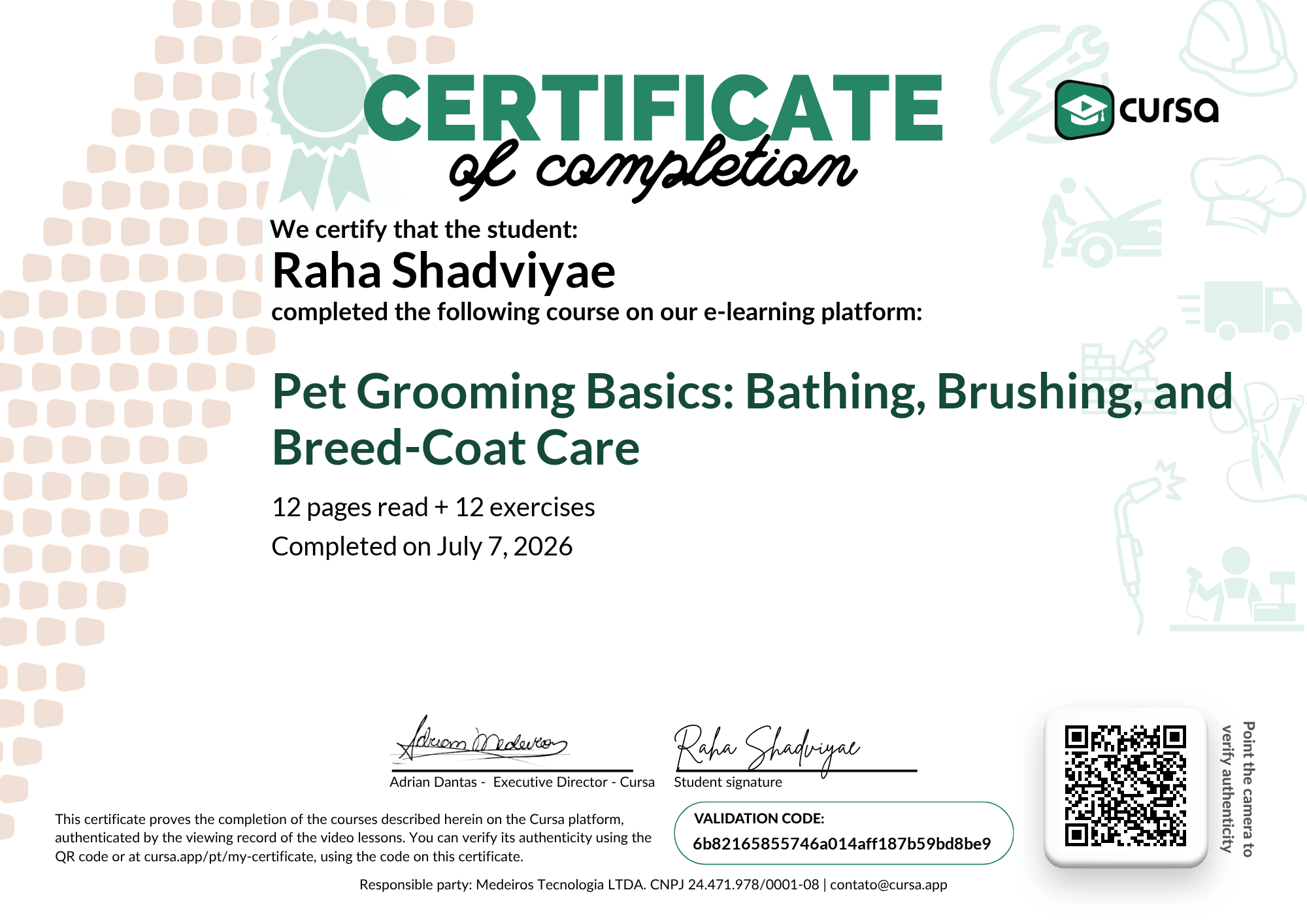Image of my free Course Completion Certificate.