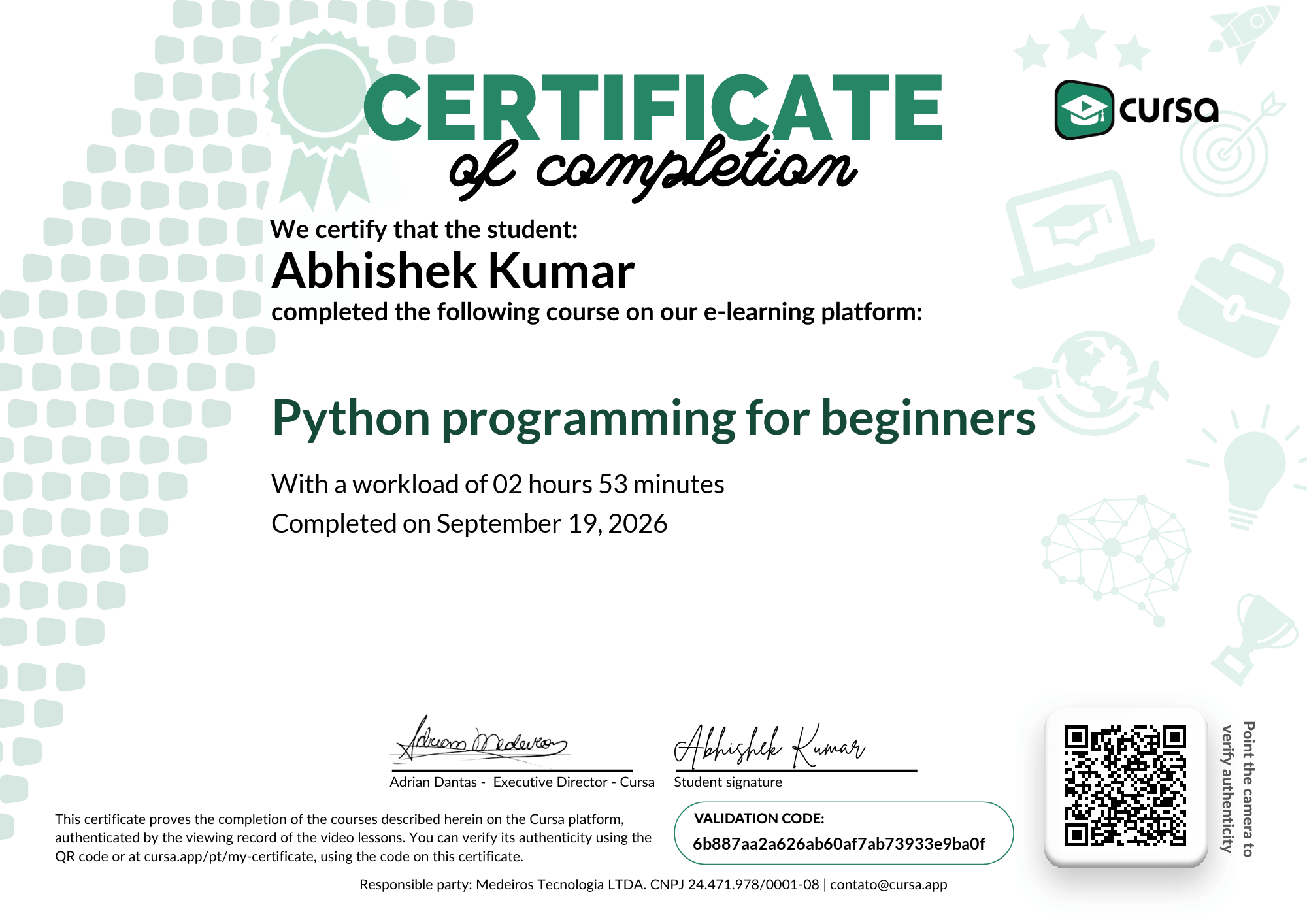 Image of my free Course Completion Certificate.