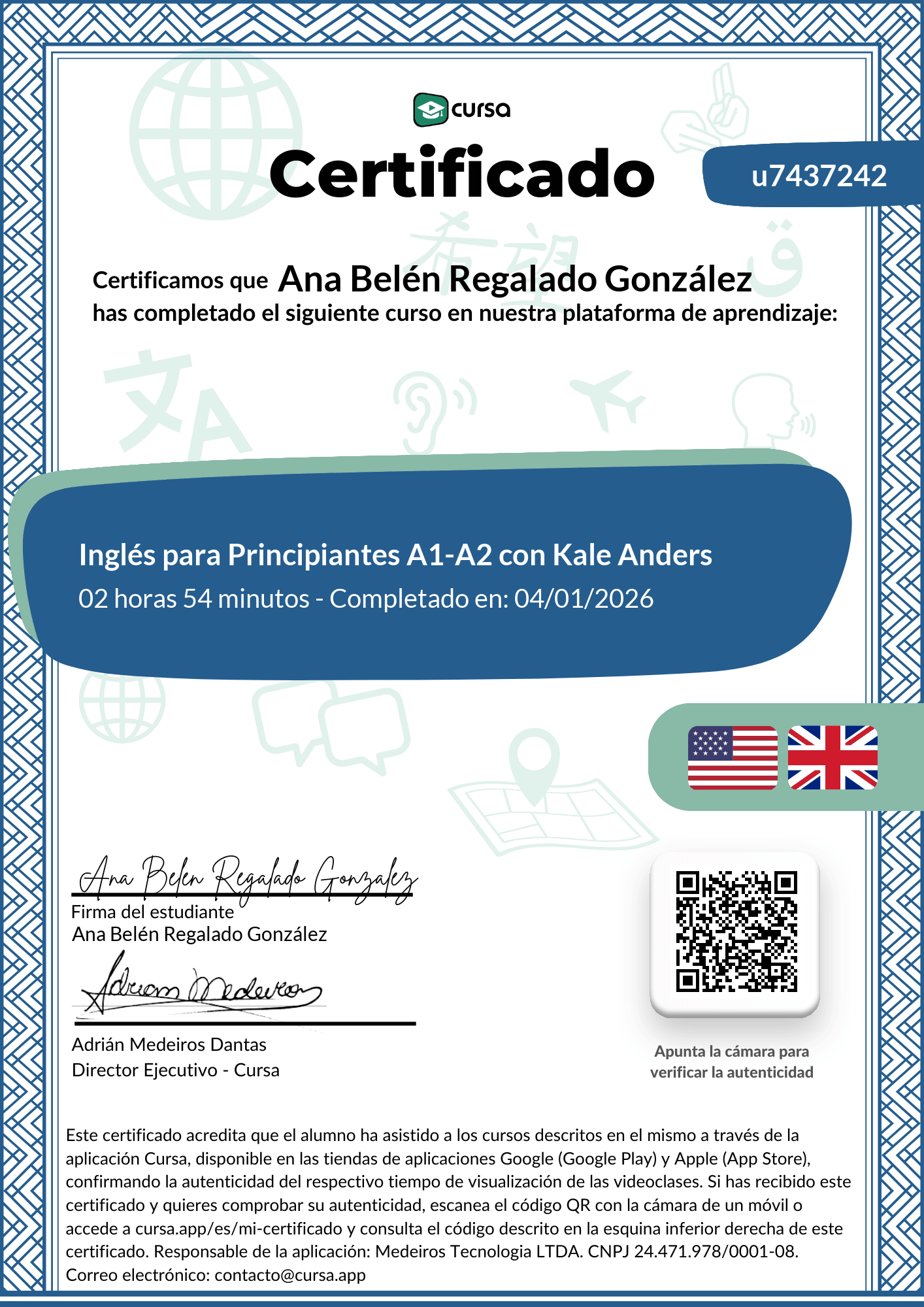 Imagen de mi Certificado de finalización del curso gratuito.