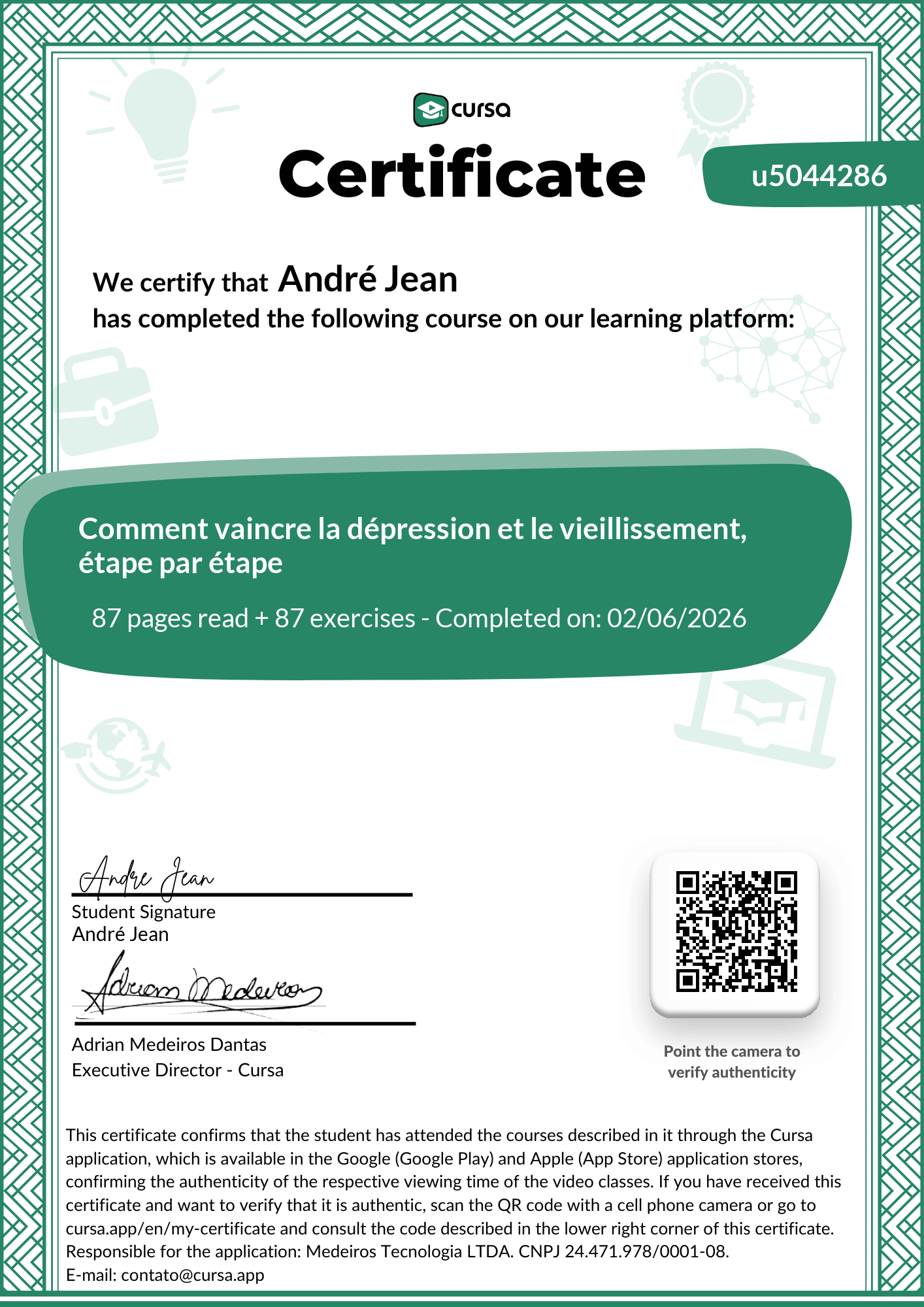 Image of my free Course Completion Certificate.