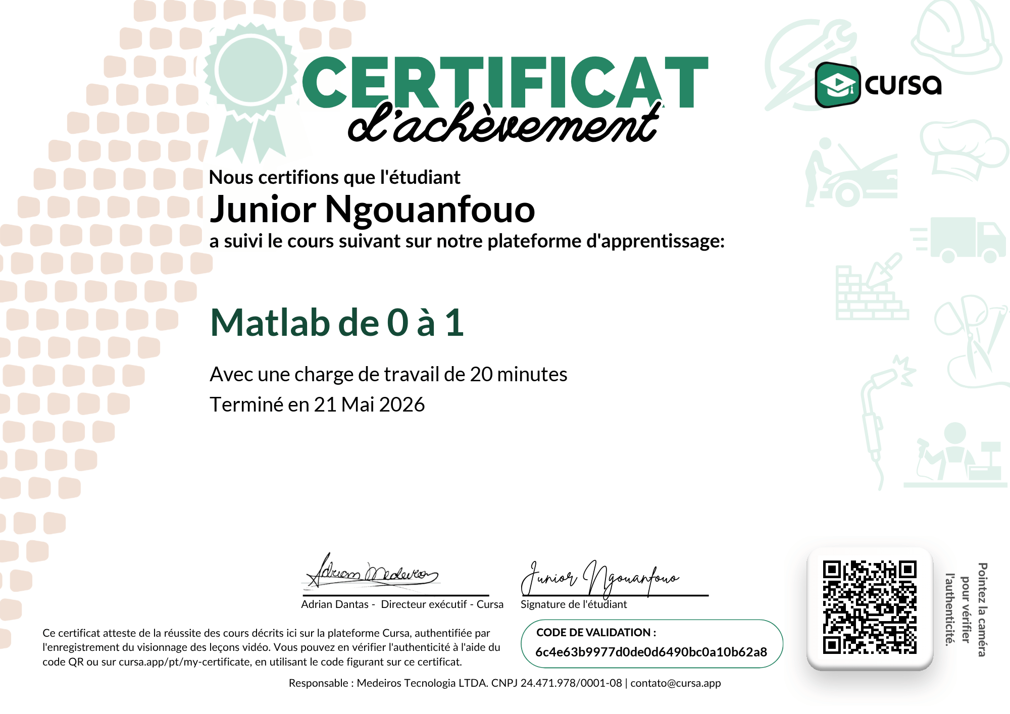 Image de mon certificat de fin de cours gratuit.