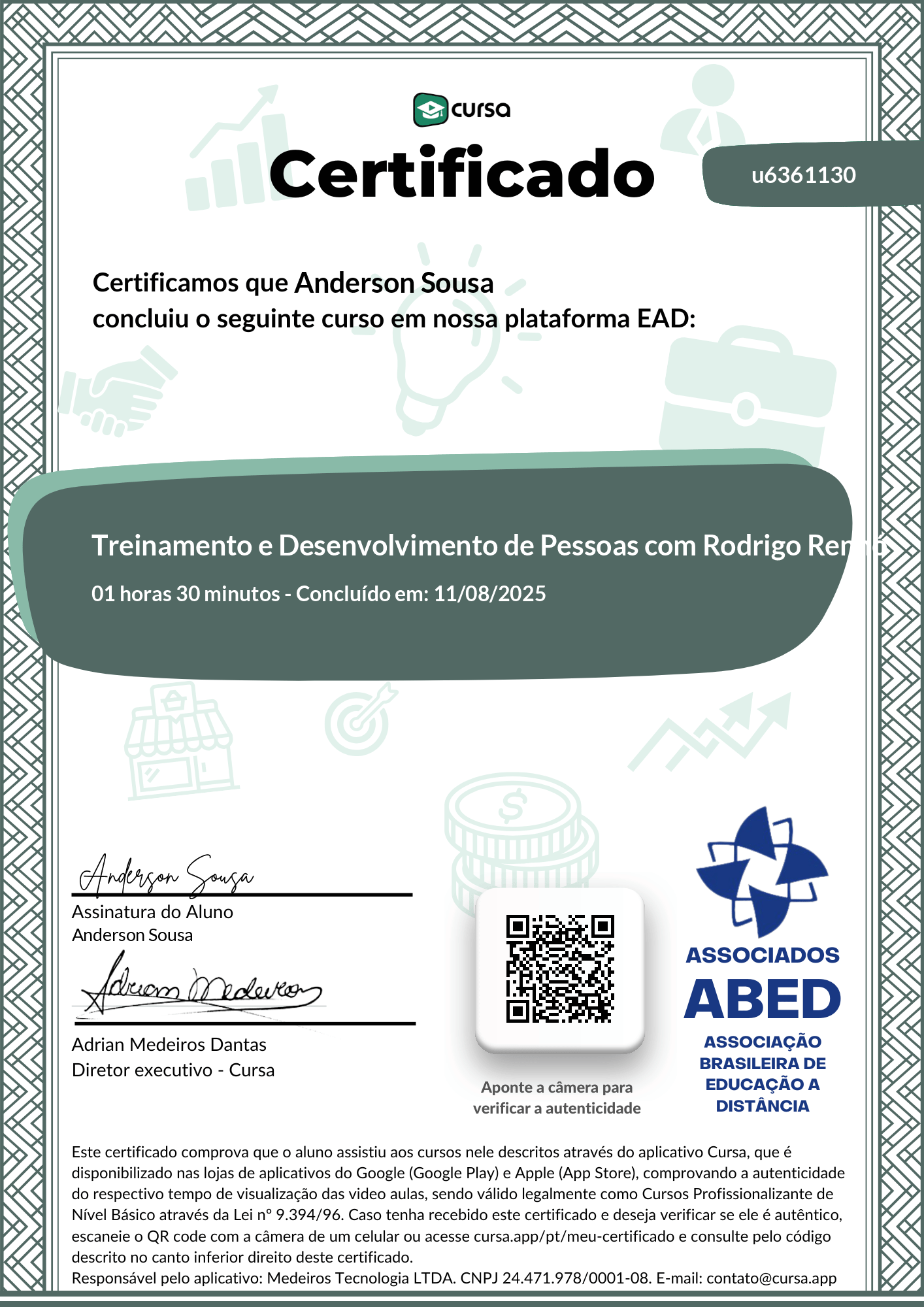 Imagem do meu Certificado gratuito de conclusão de curso.