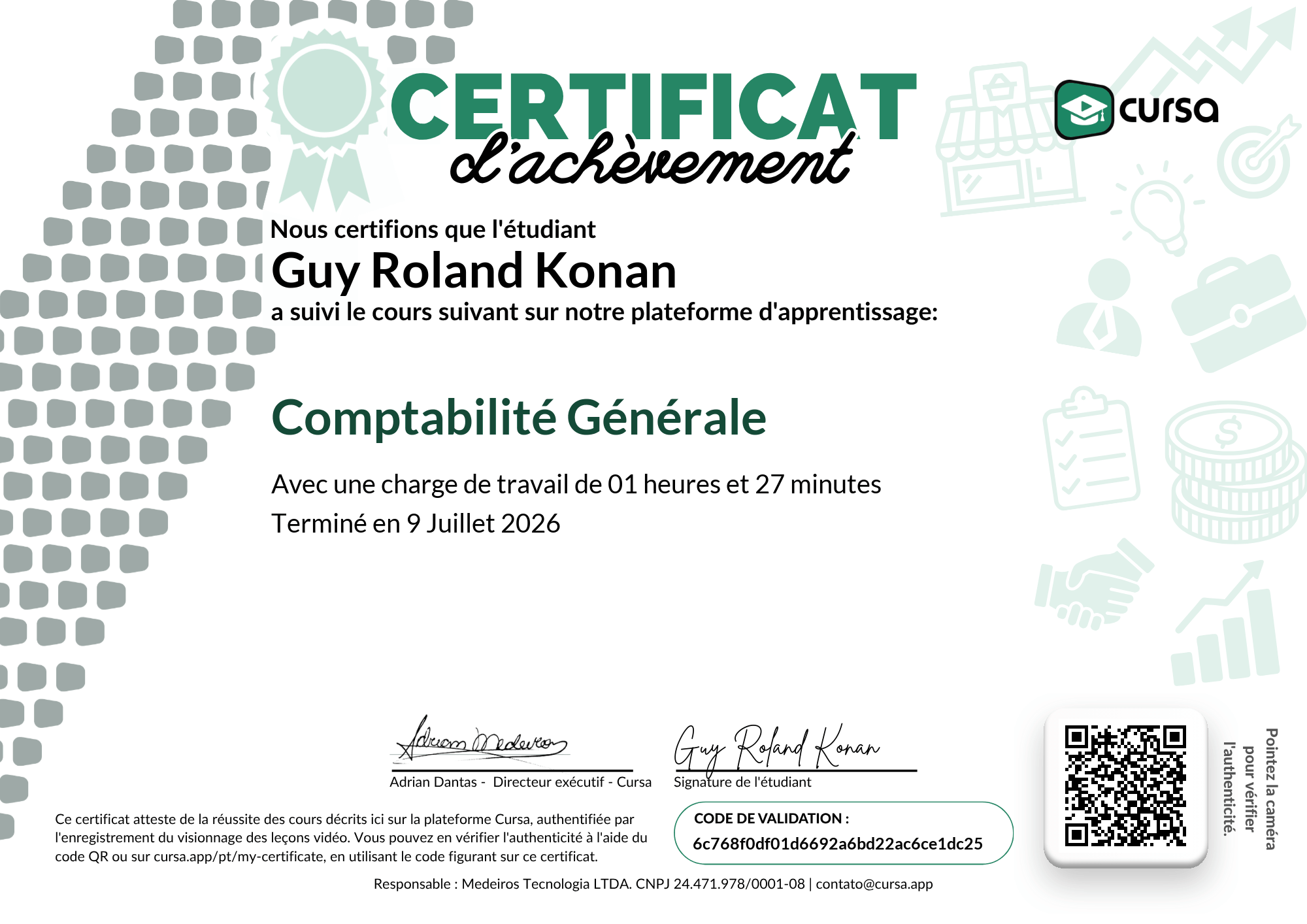 Image de mon certificat de fin de cours gratuit.