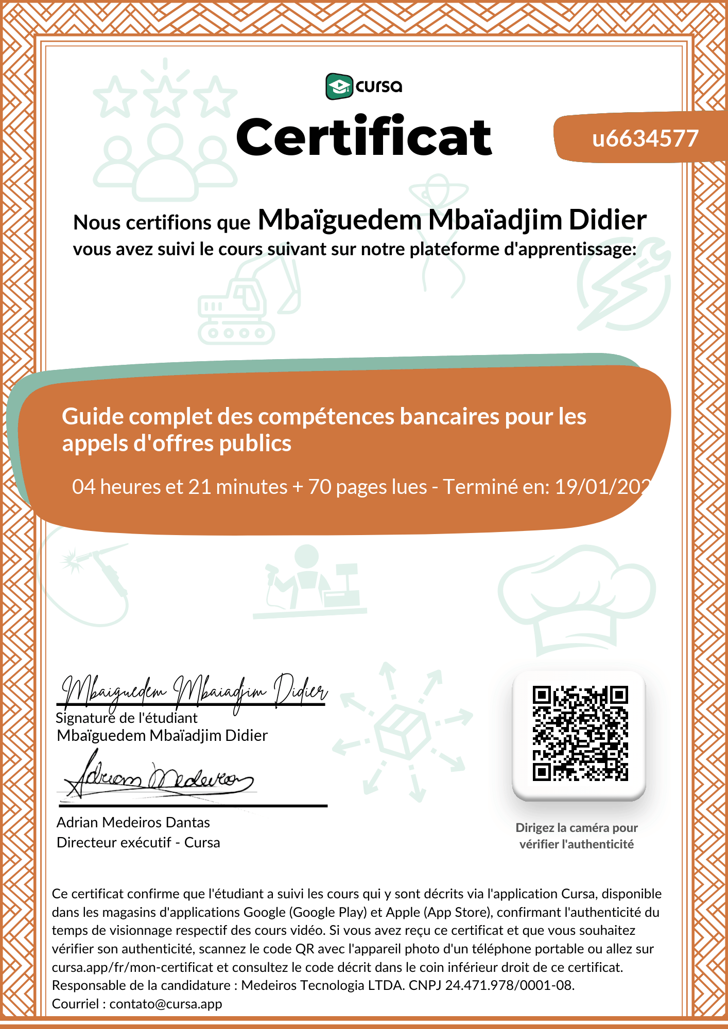 Image de mon certificat de fin de cours gratuit.