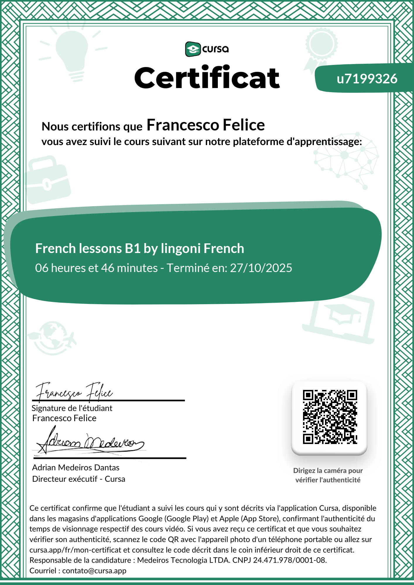 Image de mon certificat de fin de cours gratuit.