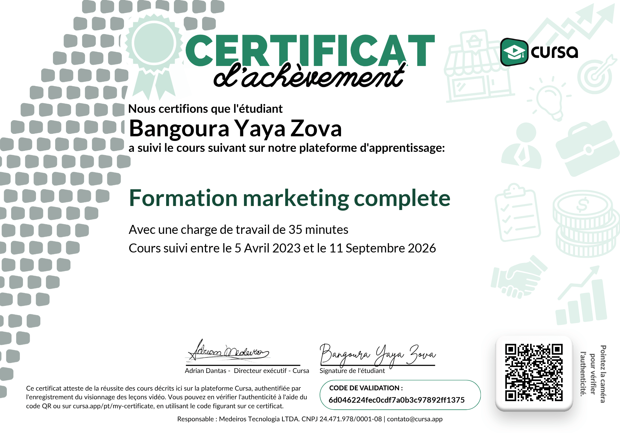 Image de mon certificat de fin de cours gratuit.