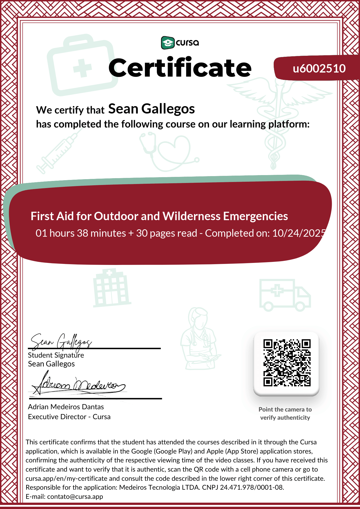 Image of my free Course Completion Certificate.