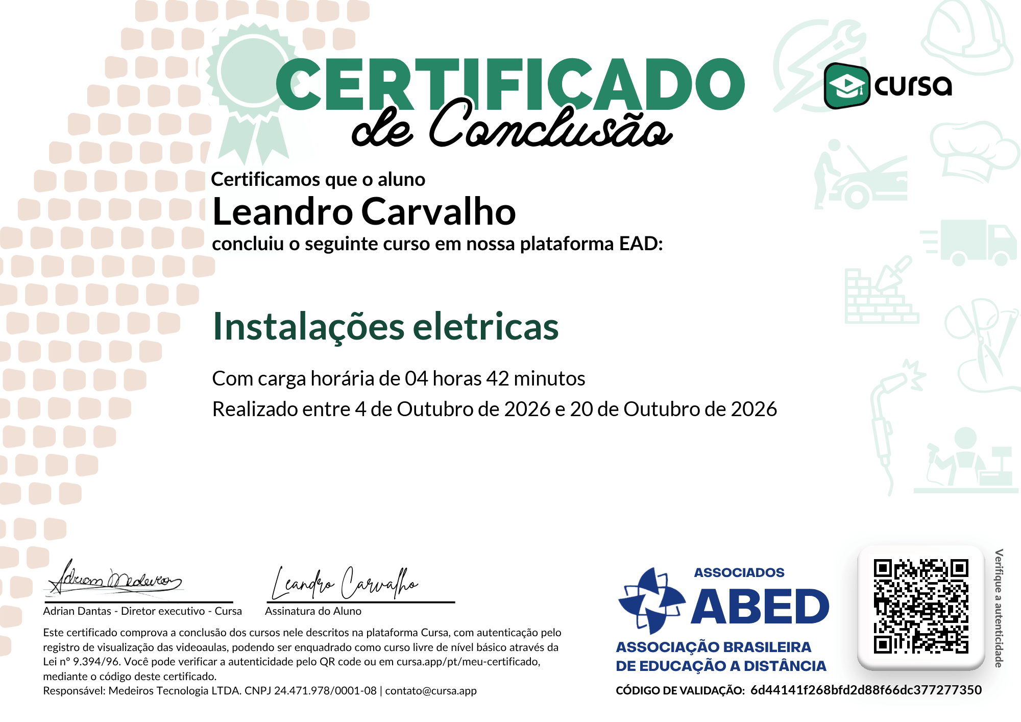 Imagem do meu Certificado gratuito de conclusão de curso.