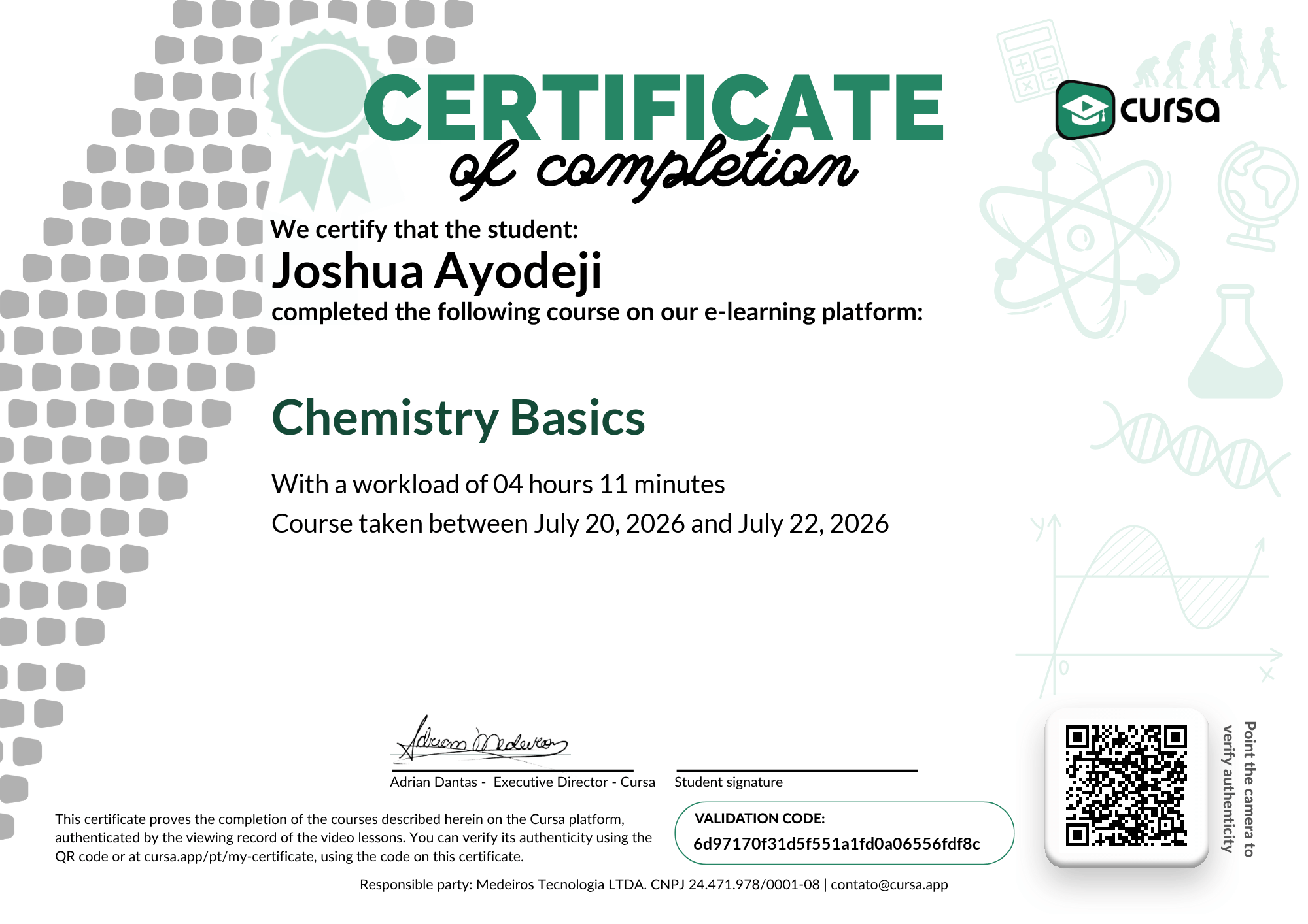 Image of my free Course Completion Certificate.