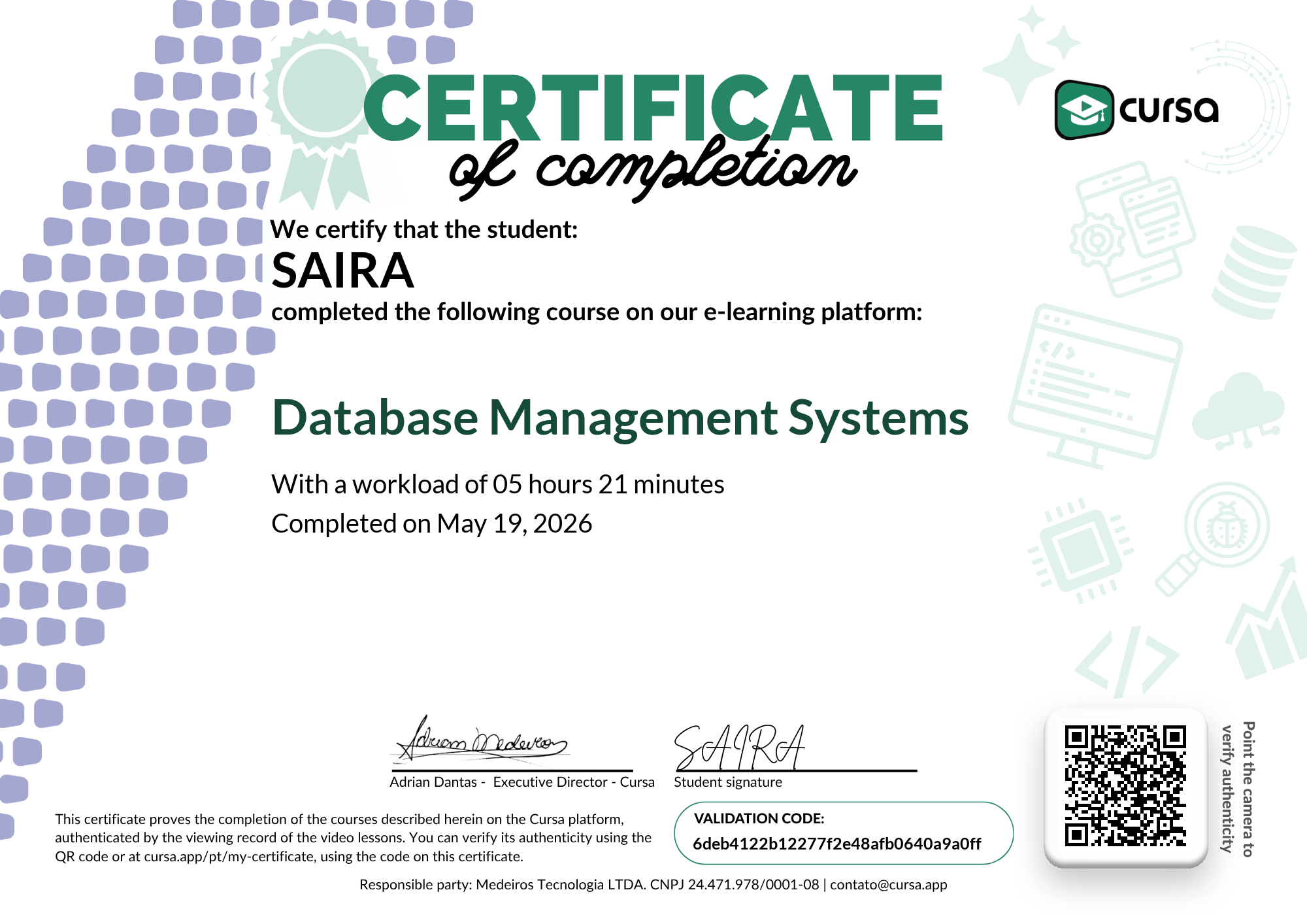 Image of my free Course Completion Certificate.