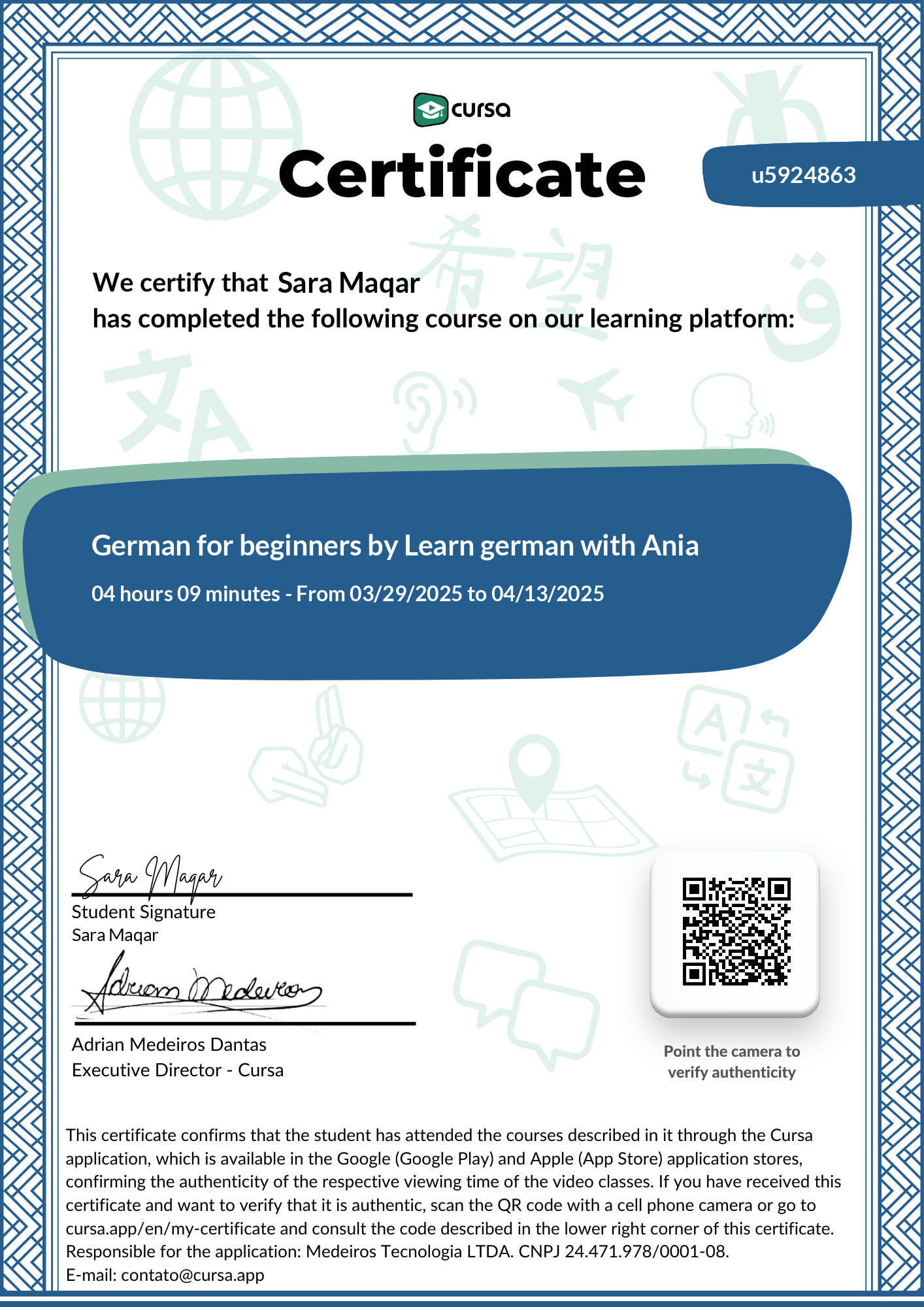 Image of my free Course Completion Certificate.