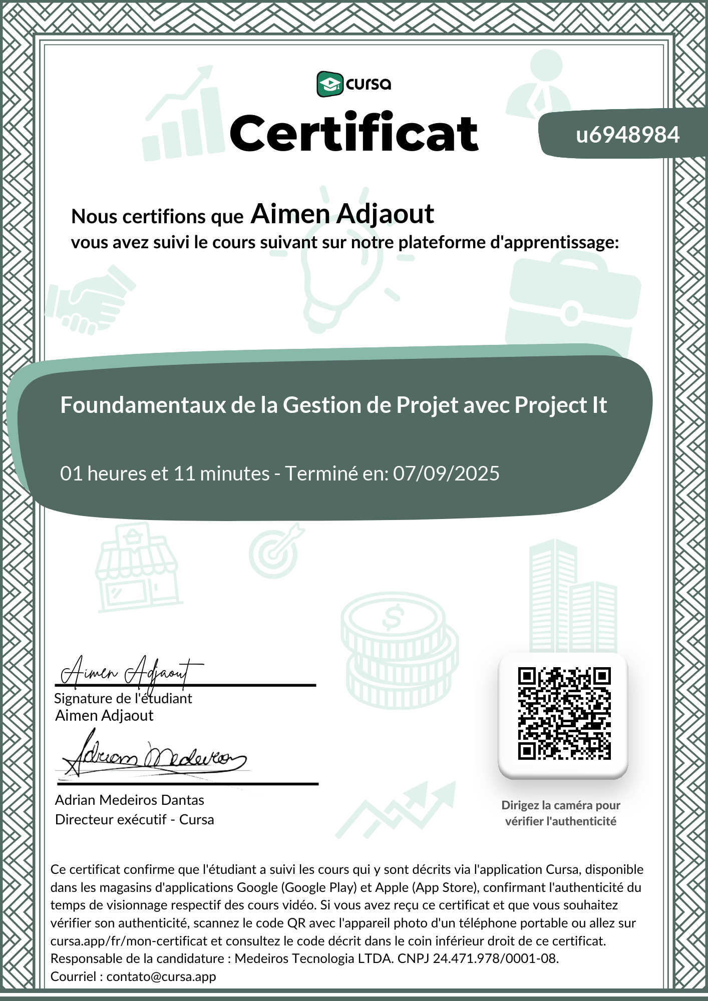 Image de mon certificat de fin de cours gratuit.