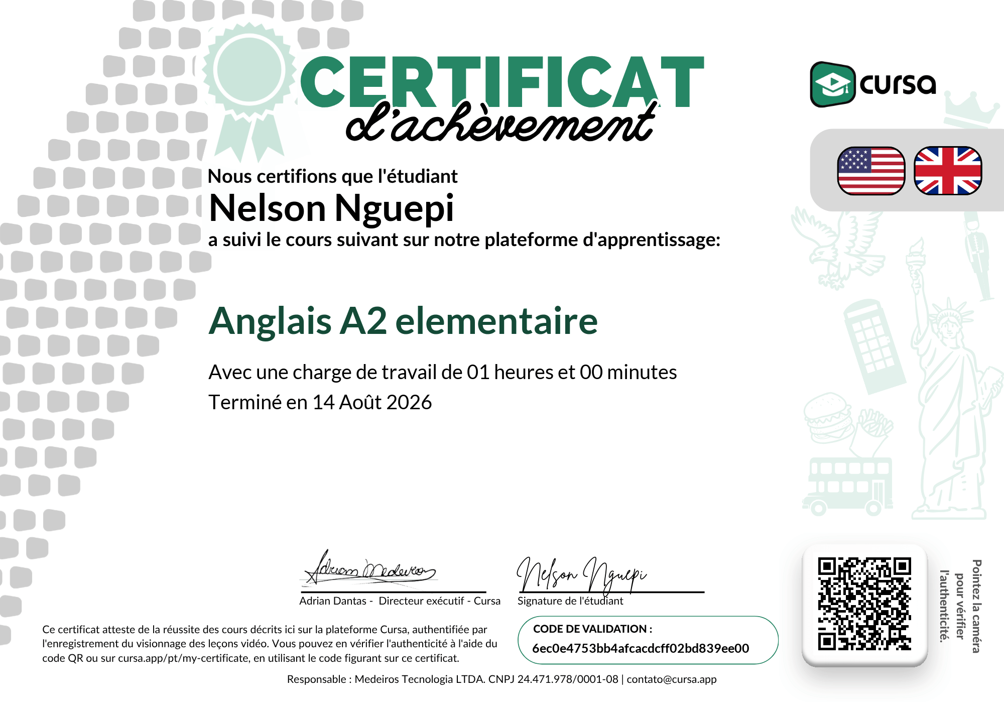 Image de mon certificat de fin de cours gratuit.
