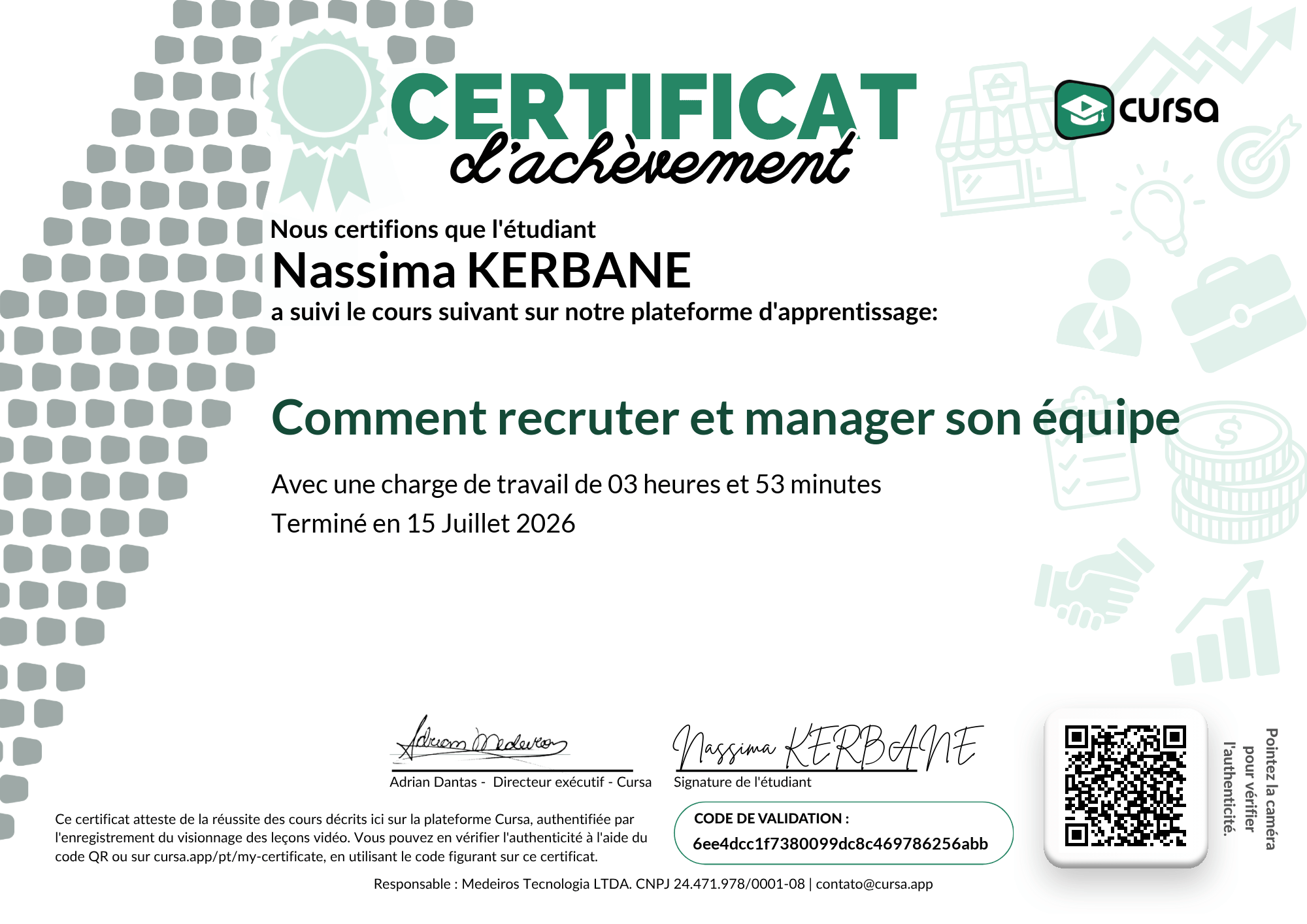 Image de mon certificat de fin de cours gratuit.