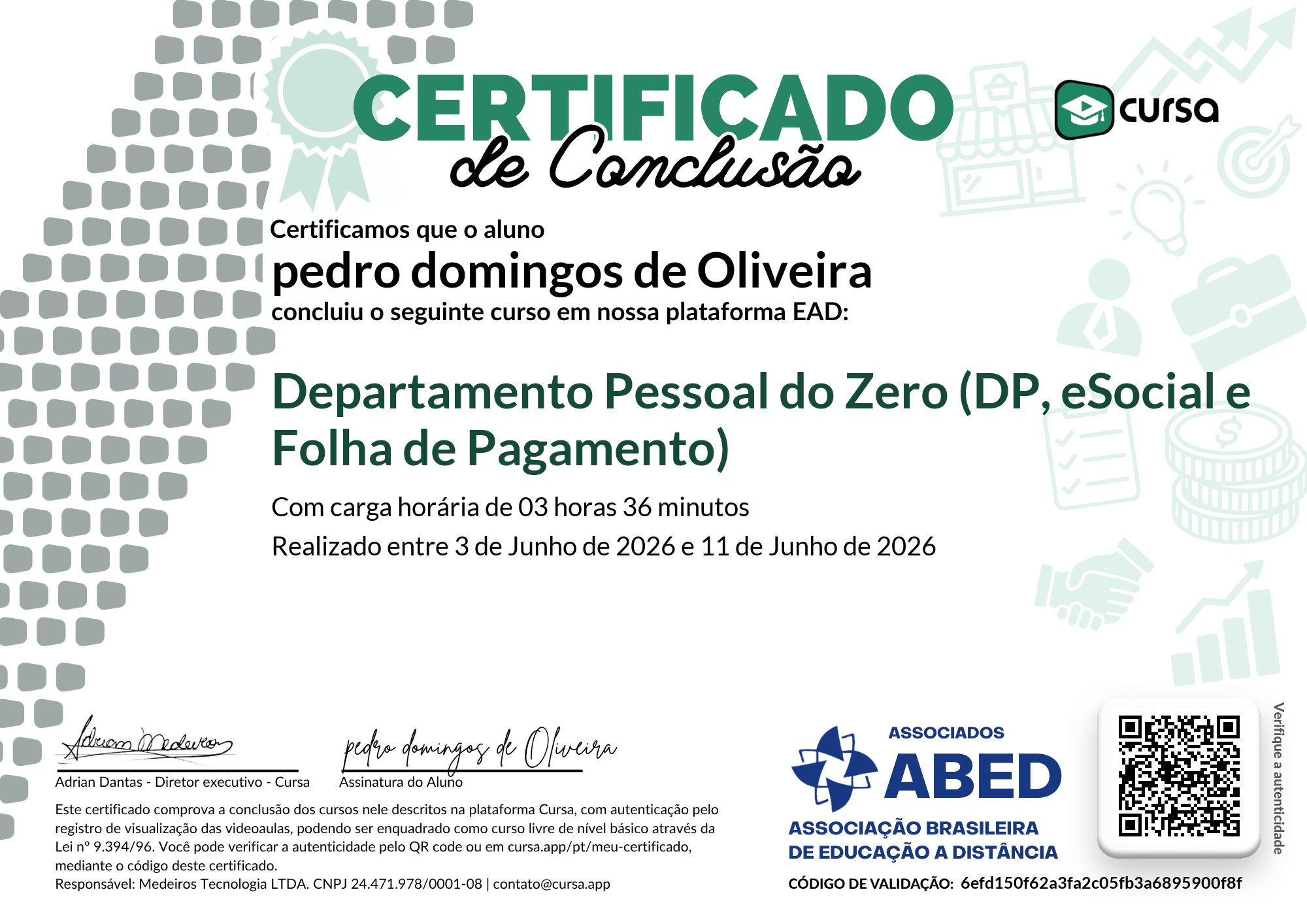 Imagem do meu Certificado gratuito de conclusão de curso.