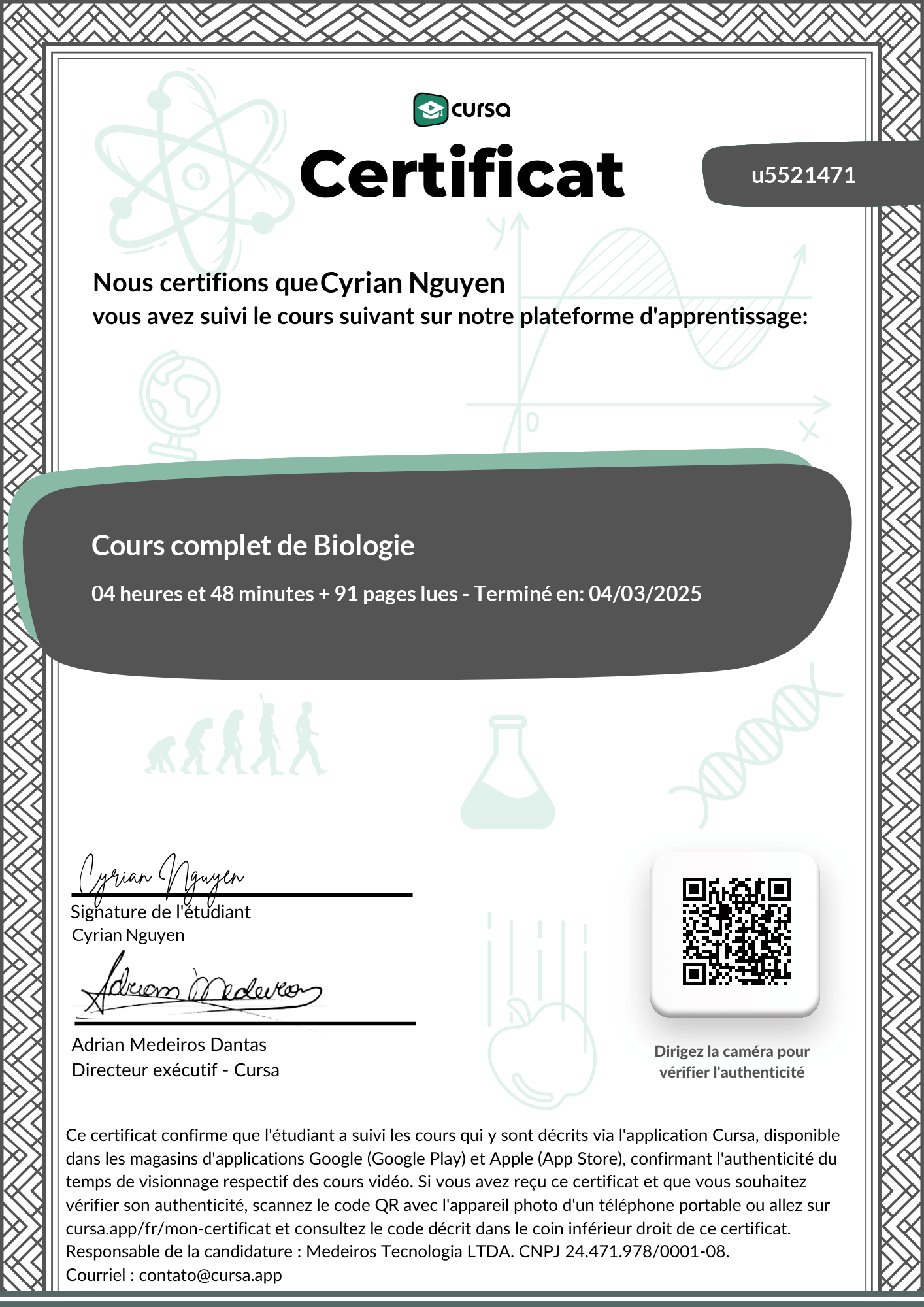 Image de mon certificat de fin de cours gratuit.