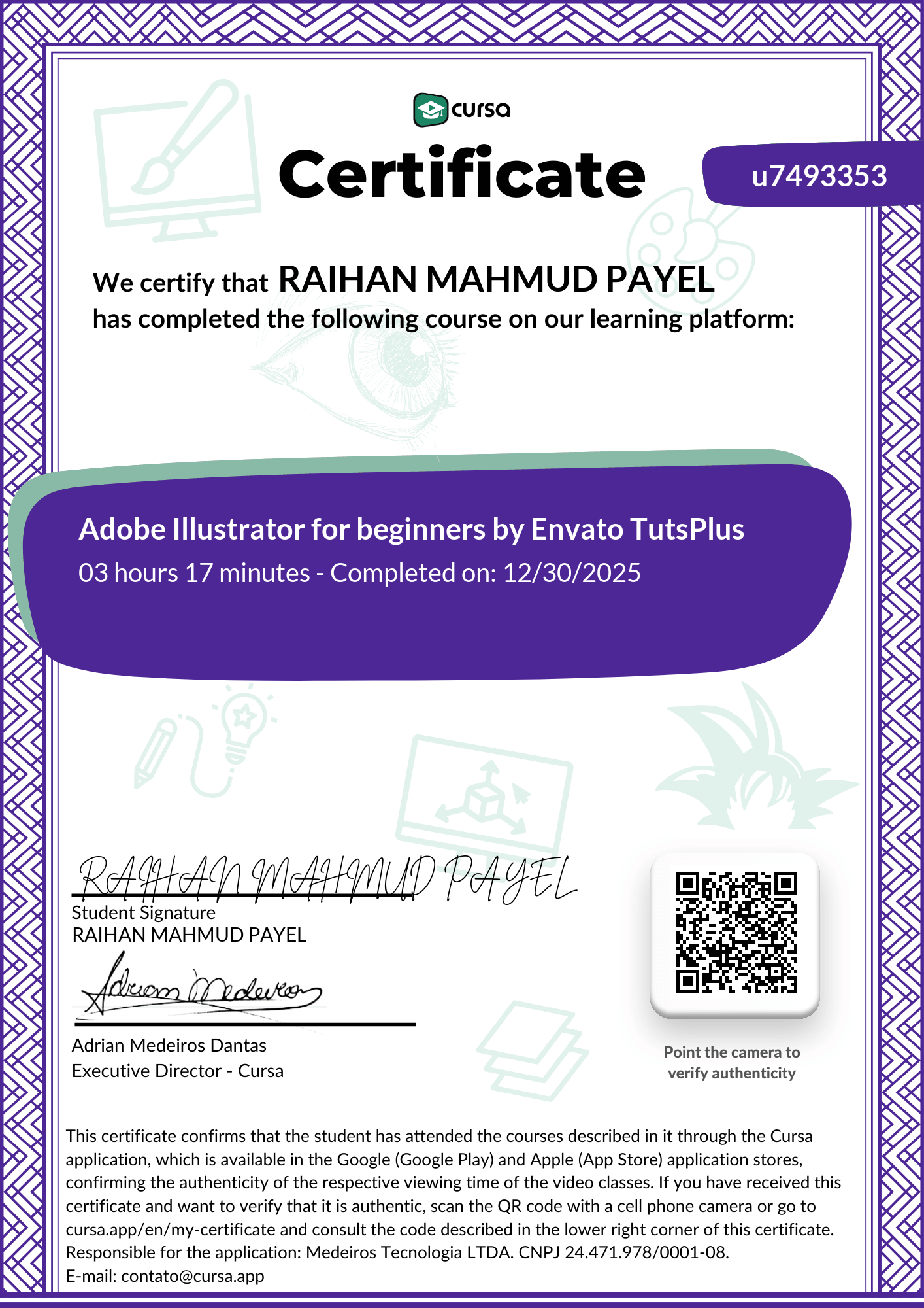 Image of my free Course Completion Certificate.