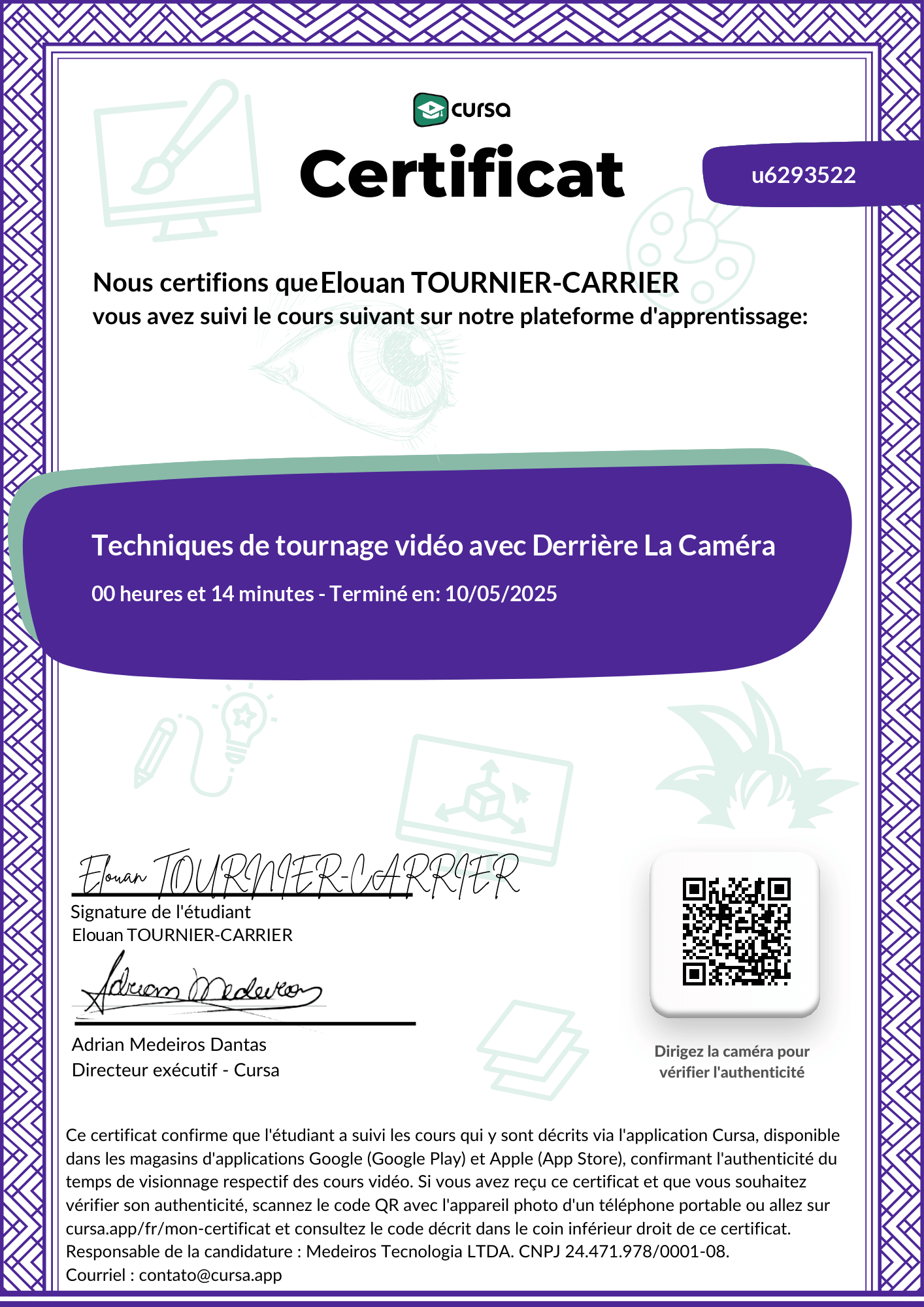 Image de mon certificat de fin de cours gratuit.