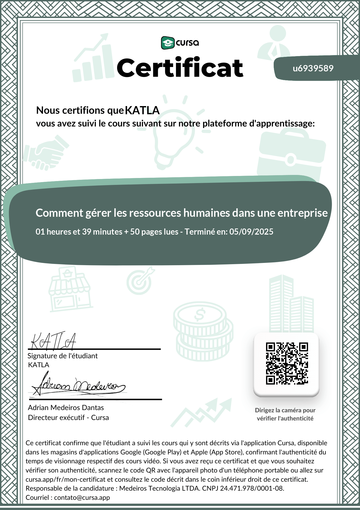Image de mon certificat de fin de cours gratuit.