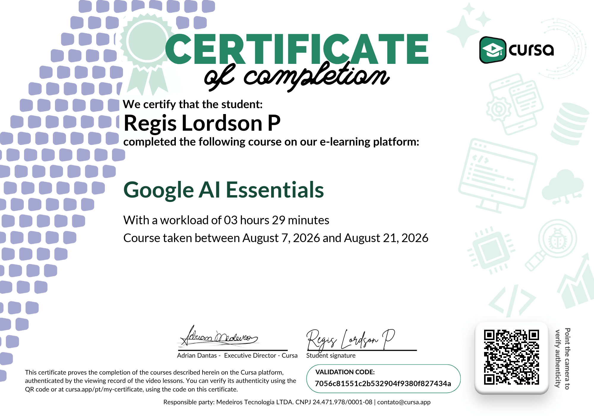 Image of my free Course Completion Certificate.